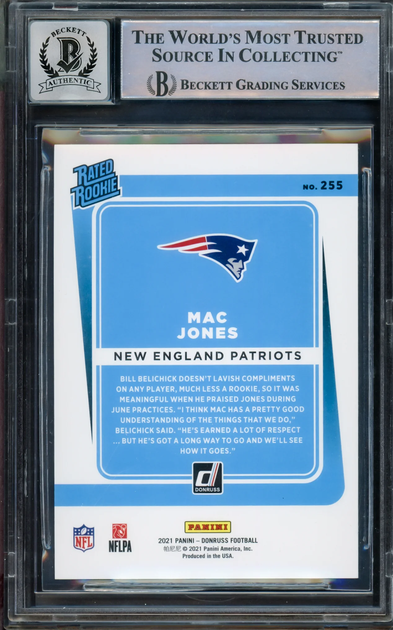 Mac Jones Autographed 2021 Donruss Red Press Proof Rookie Card #255 New England Patriots Auto Grade Gem Mint 10 Beckett BAS #15297978 - Image 2