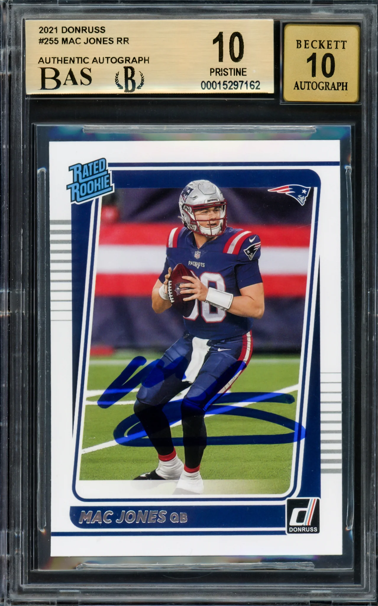 Mac Jones Autographed 2021 Donruss Rookie Card #255 New England Patriots BGS 10 Auto Grade Gem Mint 10 Beckett BAS #15297162