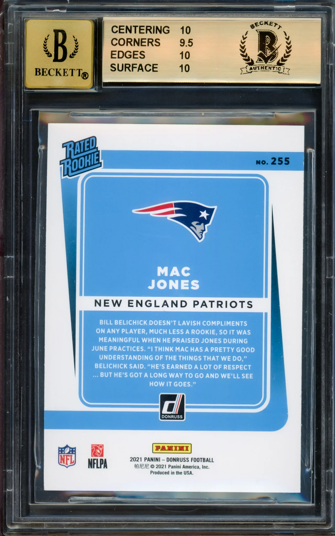 Mac Jones Autographed 2021 Donruss Rookie Card #255 New England Patriots BGS 10 Auto Grade Gem Mint 10 Beckett BAS #15297162 - Image 2