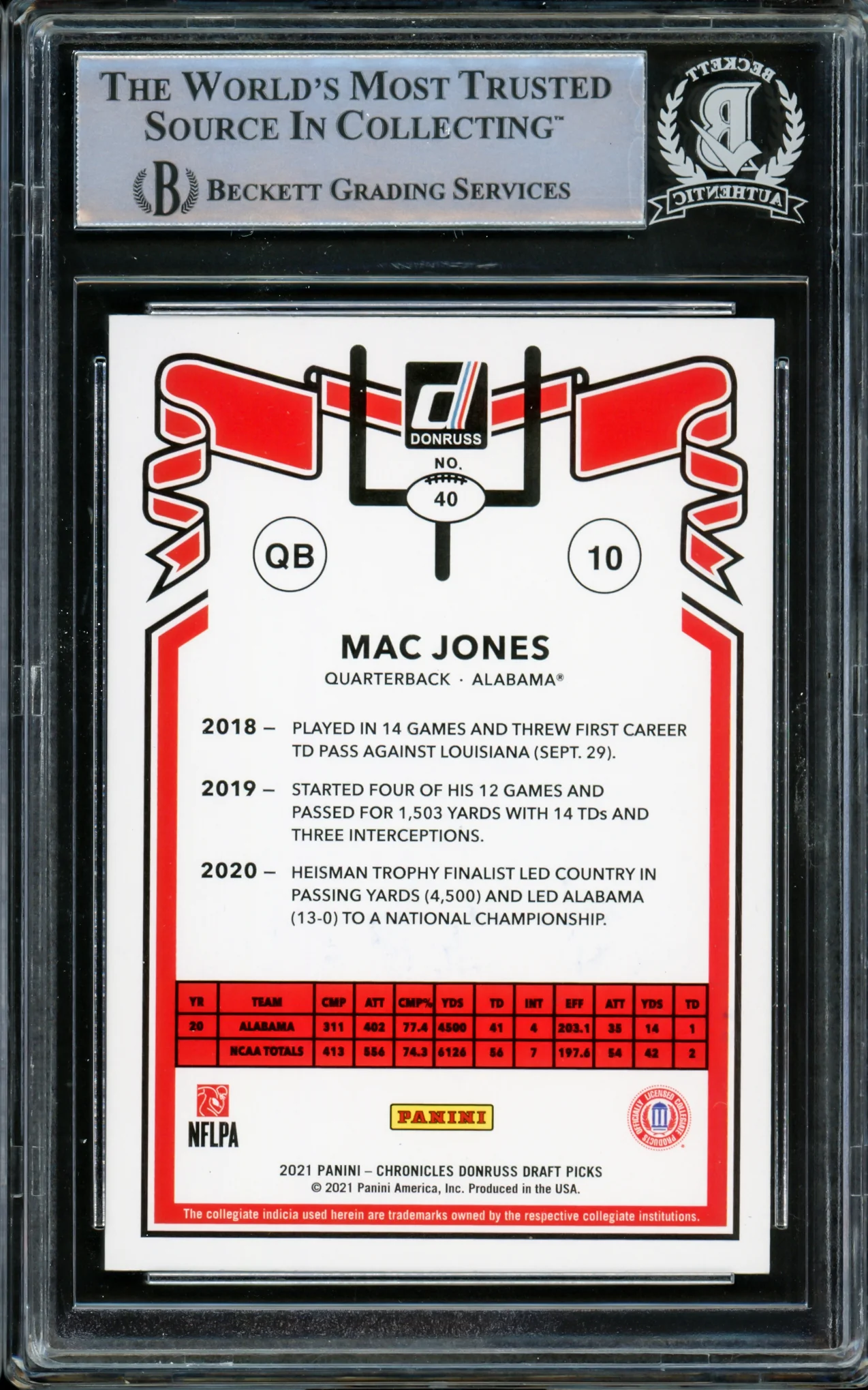 Mac Jones Autographed 2021 Donruss Rookie Card #40 Alabama Crimson Tide Beckett BAS #14231881 - Image 2