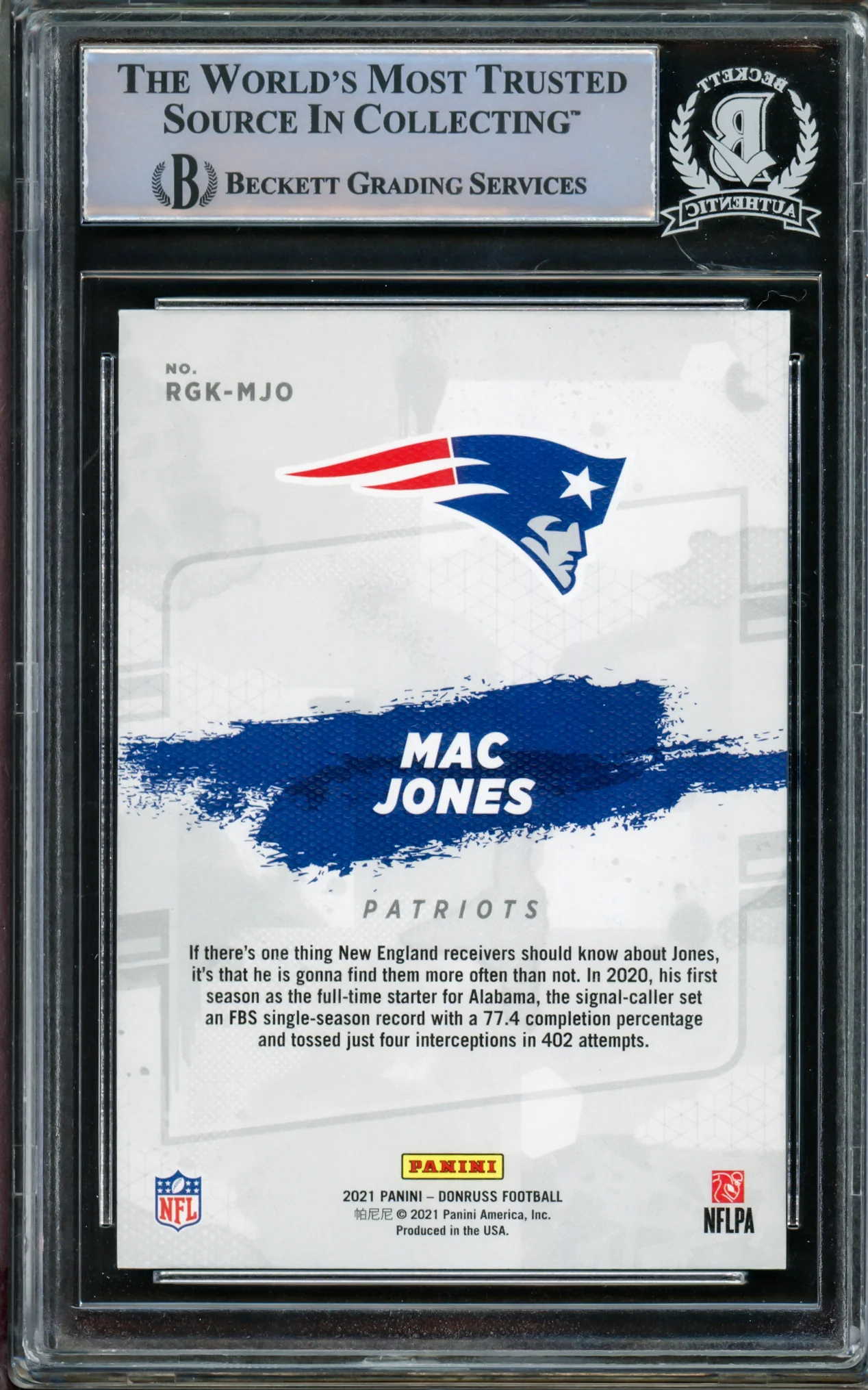 Mac Jones Autographed 2021 Donruss Rookie Gridiron Kings Rookie Card #5 New England Patriots Beckett BAS #14860812 - Image 2