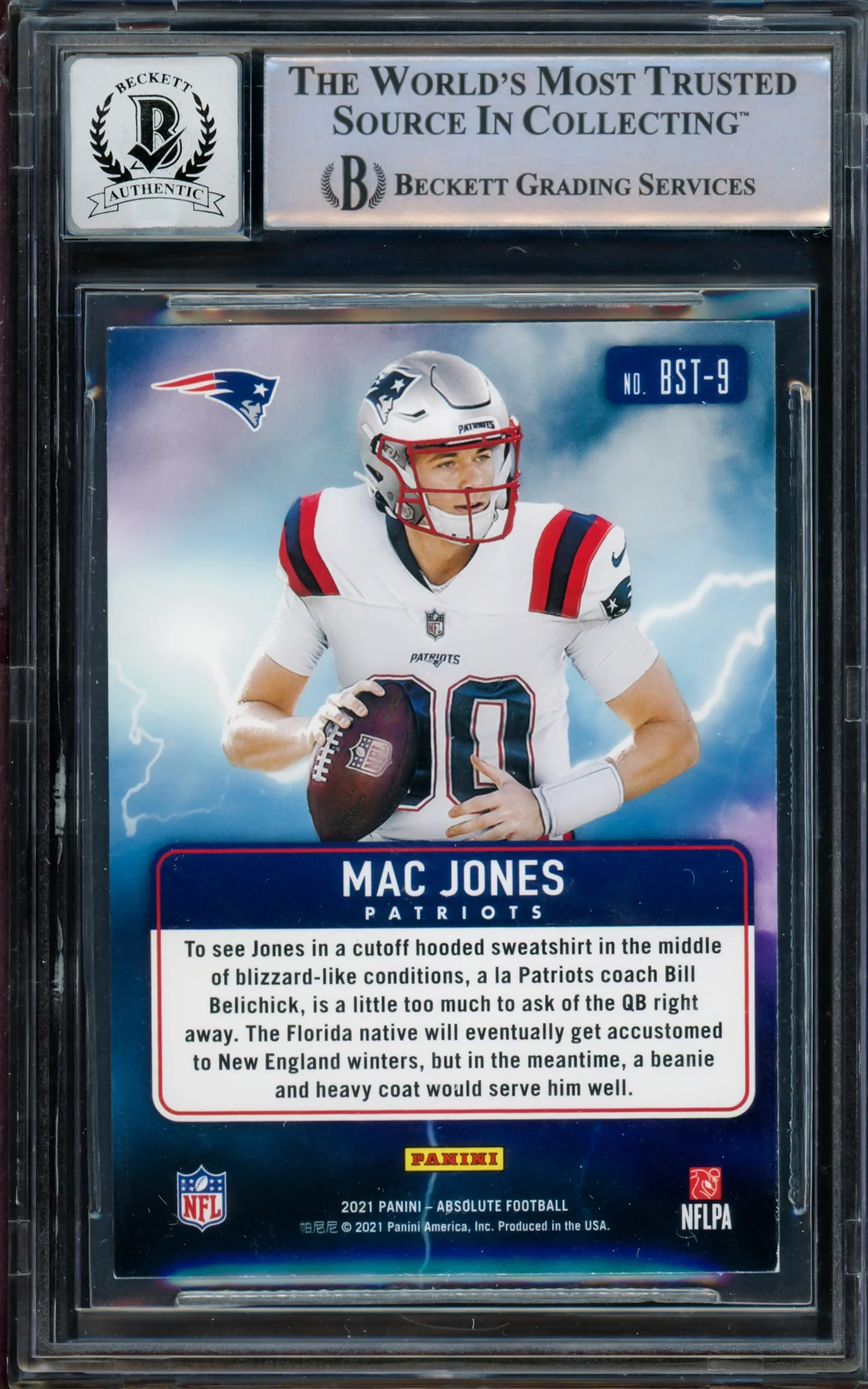 Mac Jones Autographed 2021 Panini Absolute By Storm Rookie Card #BST-9 New England Patriots Auto Grade Gem Mint 10 Beckett BAS #14236024 - Image 2