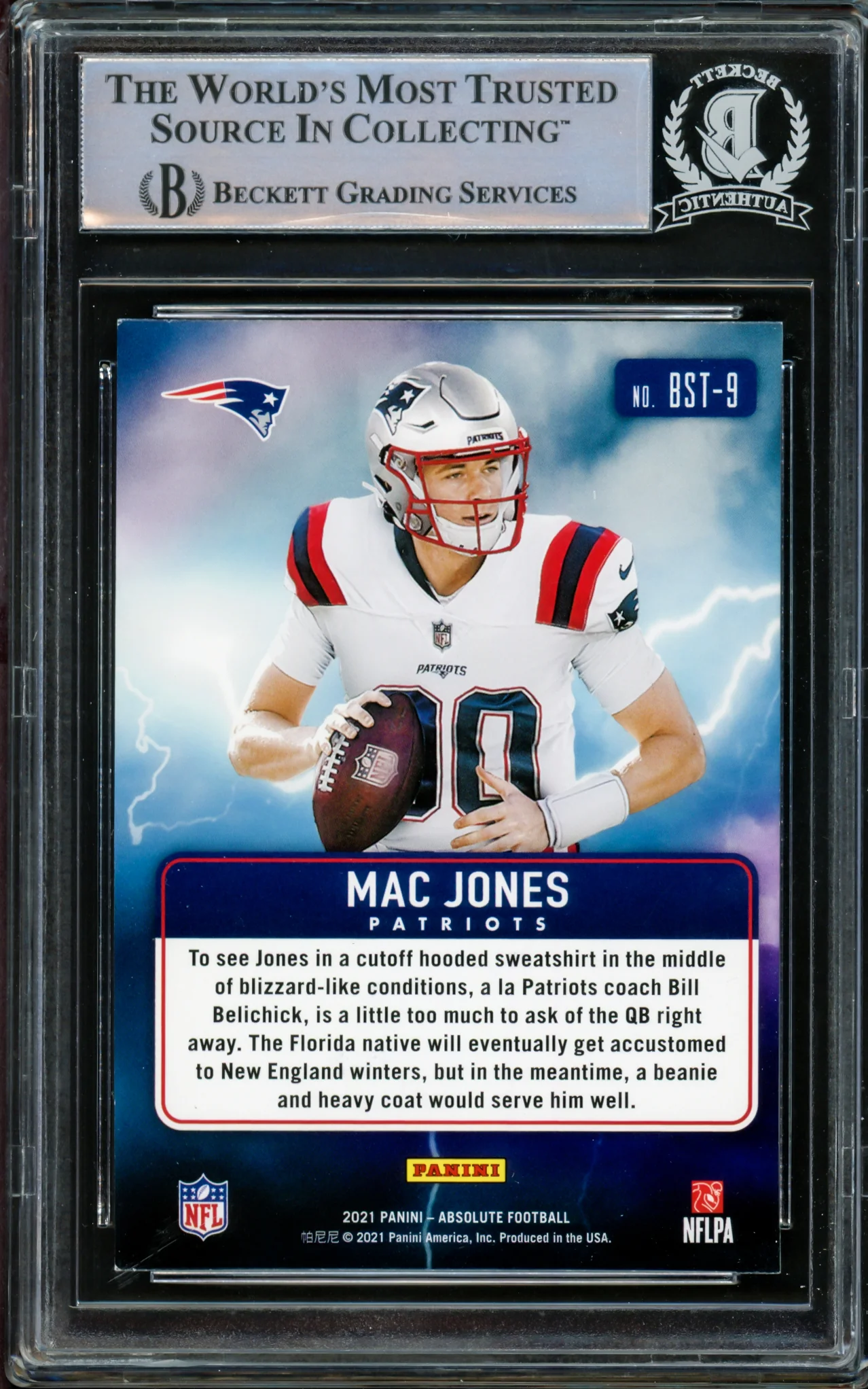 Mac Jones Autographed 2021 Panini Absolute By Storm Rookie Card #BST-9 New England Patriots Beckett BAS #14231896 - Image 2