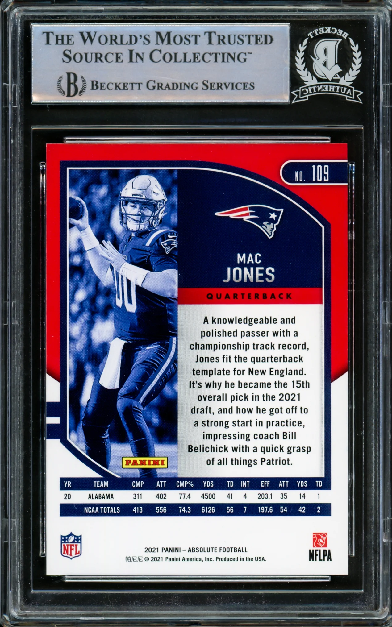 Mac Jones Autographed 2021 Panini Absolute Red Rookie Card #109 New England Patriots Beckett BAS #14231769 - Image 2