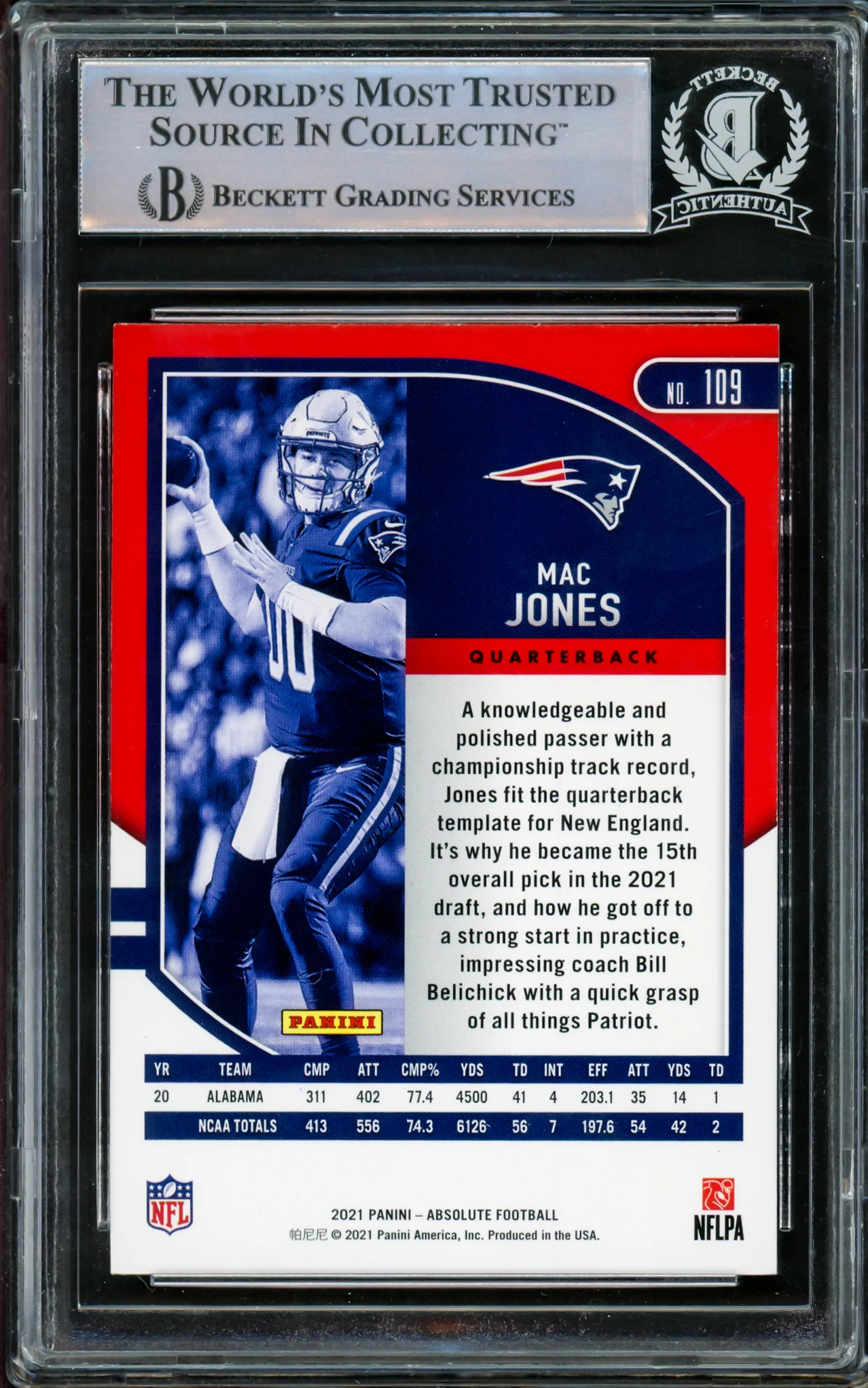 Mac Jones Autographed 2021 Panini Absolute Rookie Card #109 New England Patriots Beckett BAS Stock #206634 - Image 2