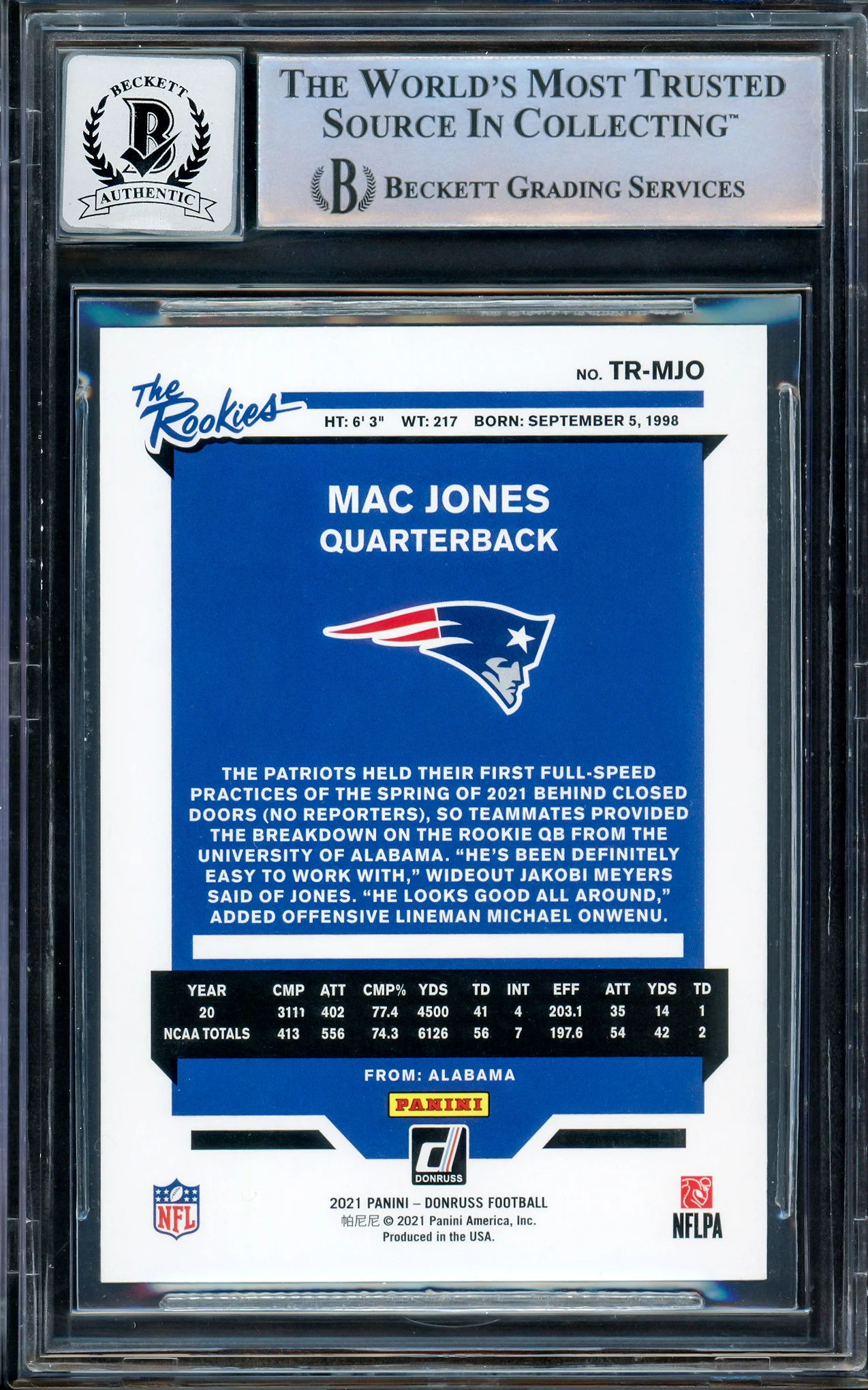 Mac Jones Autographed 2021 Panini Donruss The Rookies Rookie Card #TR-MJO New England Patriots Auto Grade Gem Mint 10 Beckett BAS Stock #205972 - Image 2