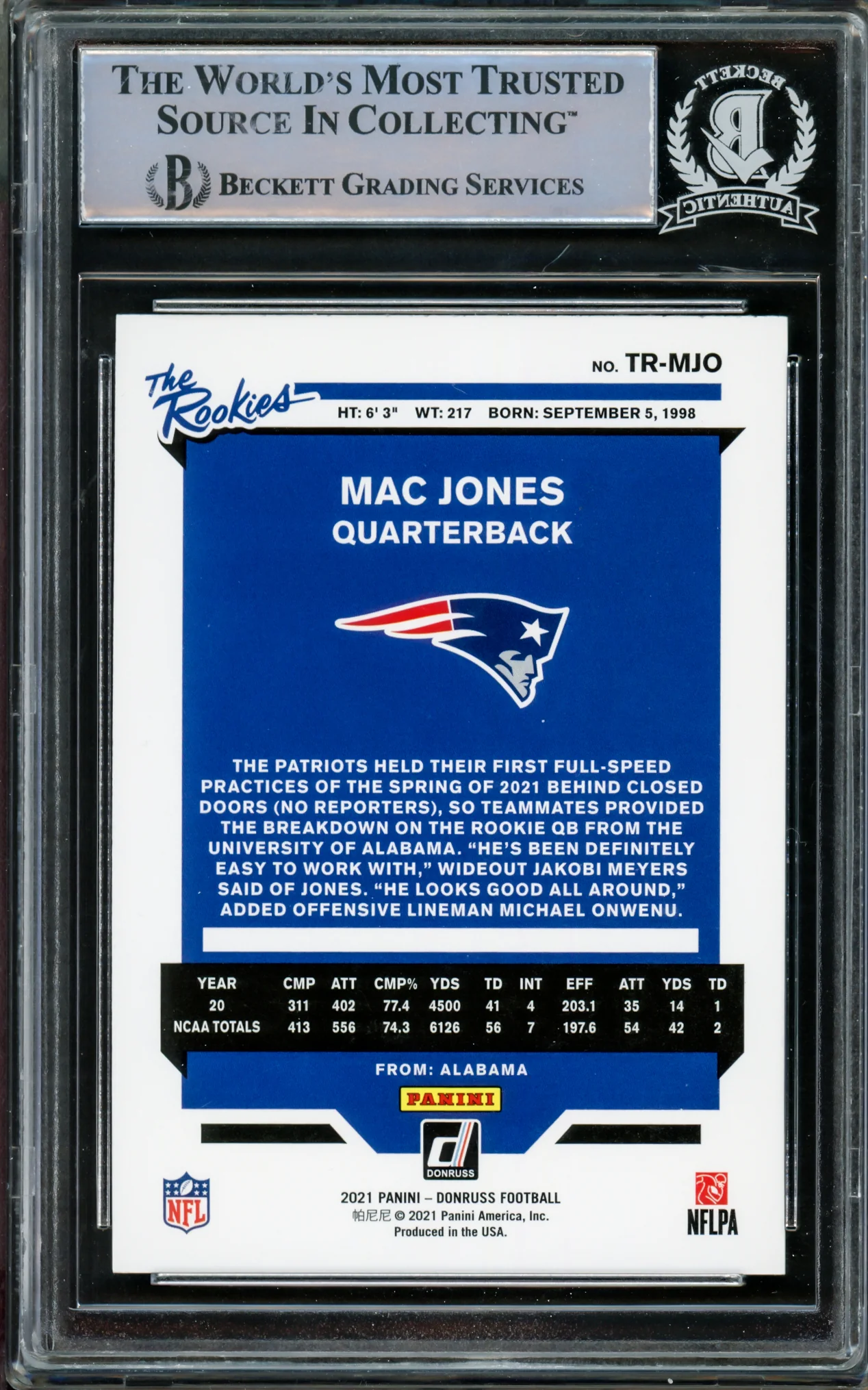 Mac Jones Autographed 2021 Panini Donruss The Rookies Rookie Card #TR-MJO New England Patriots Beckett BAS #14860687 - Image 2