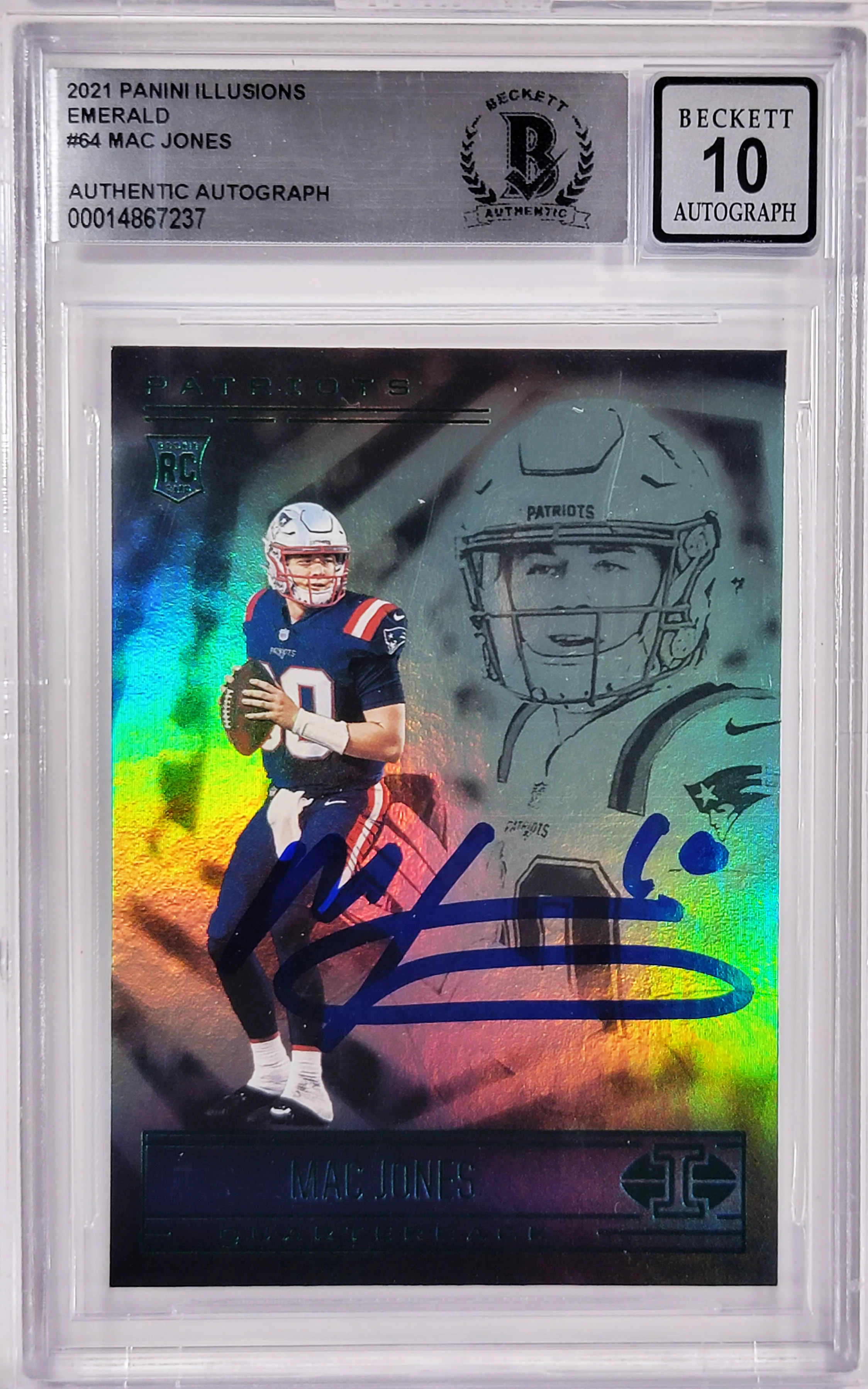 Mac Jones Autographed 2021 Panini Illusions Green Emerald Rookie Card #64 New England Patriots Auto Grade Gem Mint 10 Beckett BAS #14867237 - Image 2