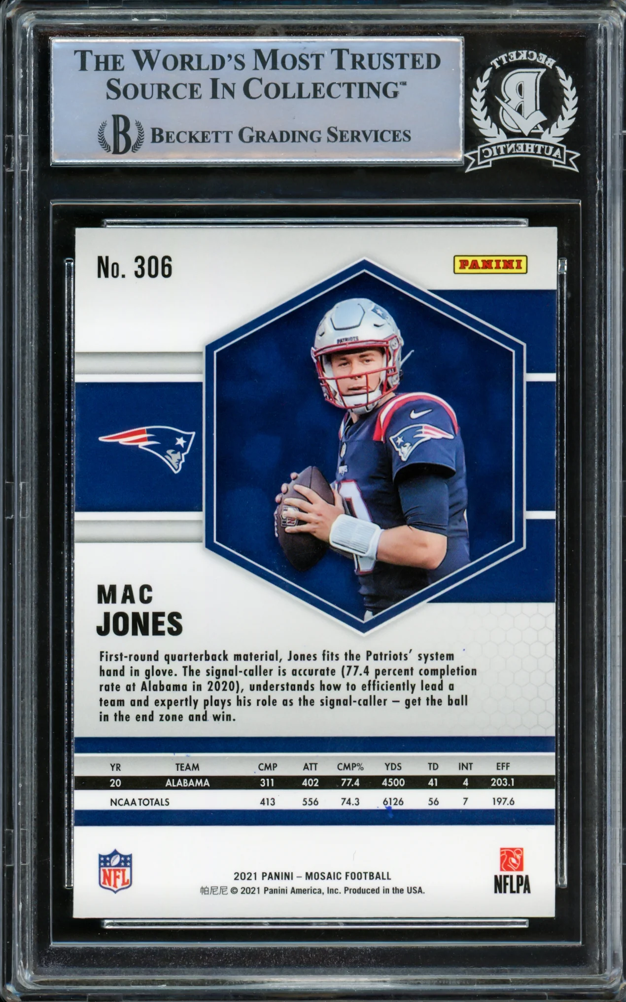 Mac Jones Autographed 2021 Panini Mosaic Rookie Card #306 New England Patriots Beckett BAS Stock #210486 - Image 2