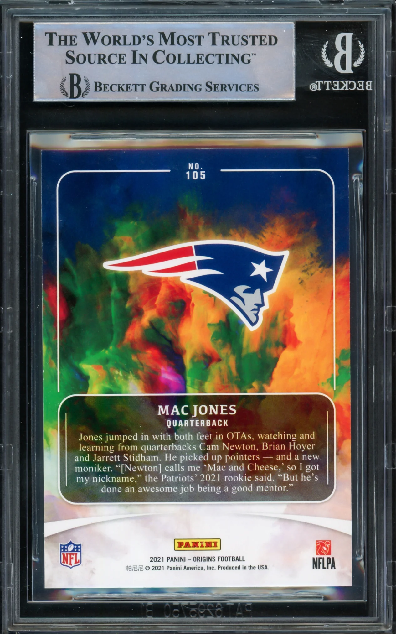 Mac Jones Autographed 2021 Panini Origins Rookie Card #105 New England Patriots Beckett BAS Stock #220338 - Image 2