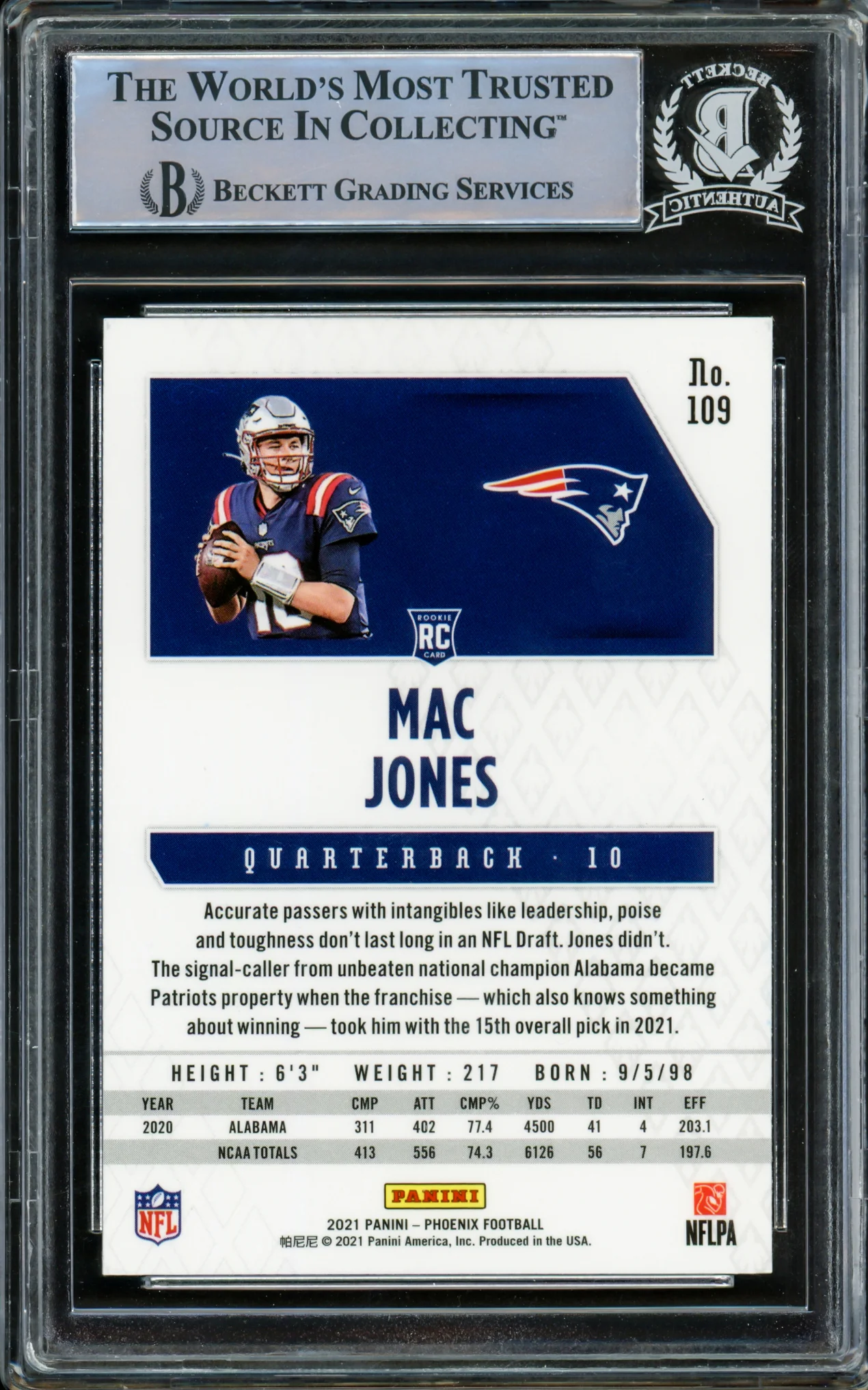 Mac Jones Autographed 2021 Panini Phoenix Fire Burst Rookie Card #109 New England Patriots Beckett BAS Stock #210490 - Image 2