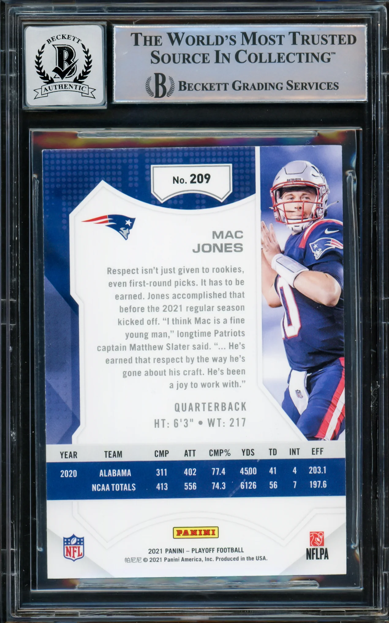 Mac Jones Autographed 2021 Panini Playbook Kickoff Rookie Card #209 New England Patriots Auto Grade Gem Mint 10 Beckett BAS #14867245 - Image 2
