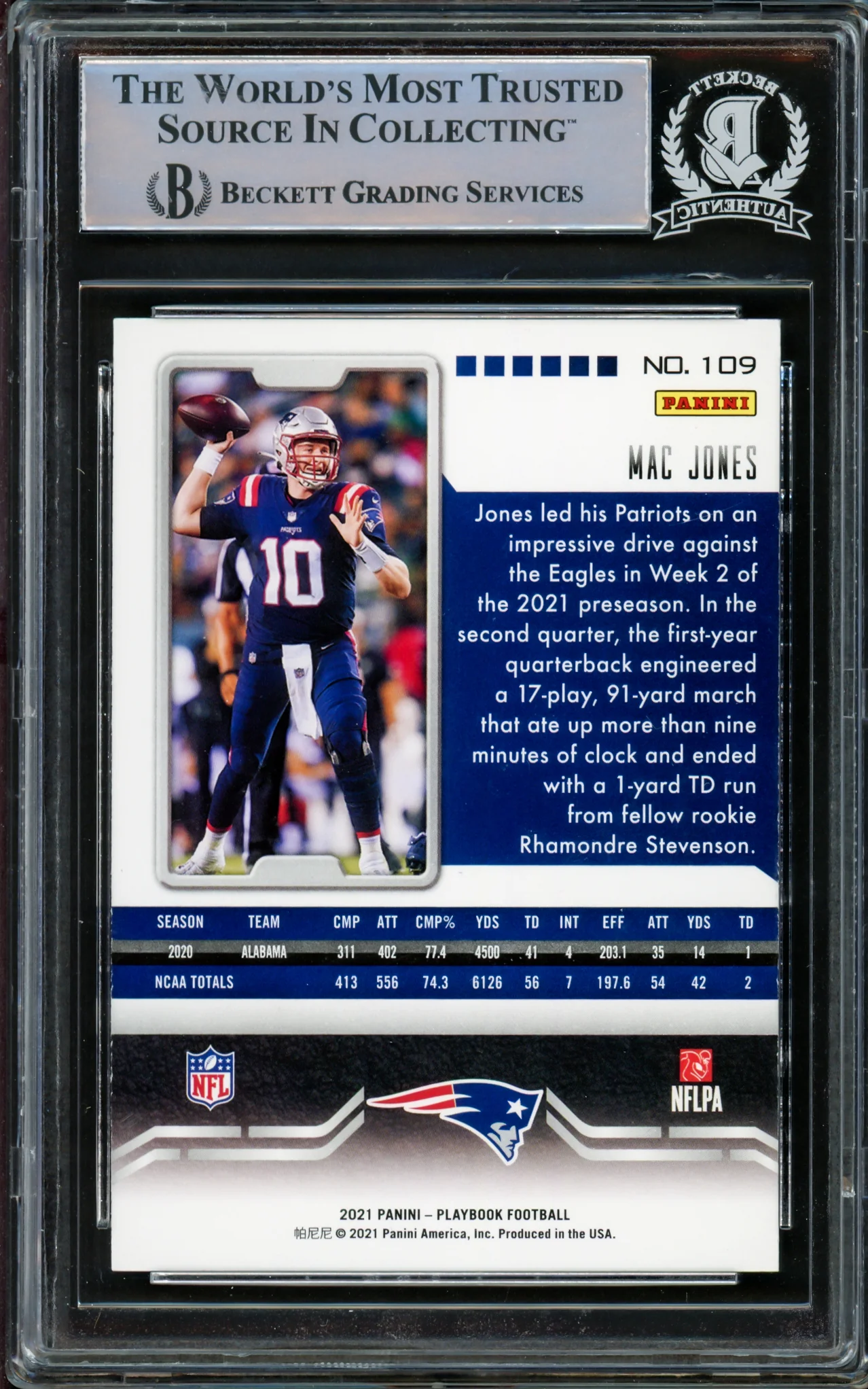 Mac Jones Autographed 2021 Panini Playbook Orange Rookie Card #109 New England Patriots Beckett BAS #14860685 - Image 2