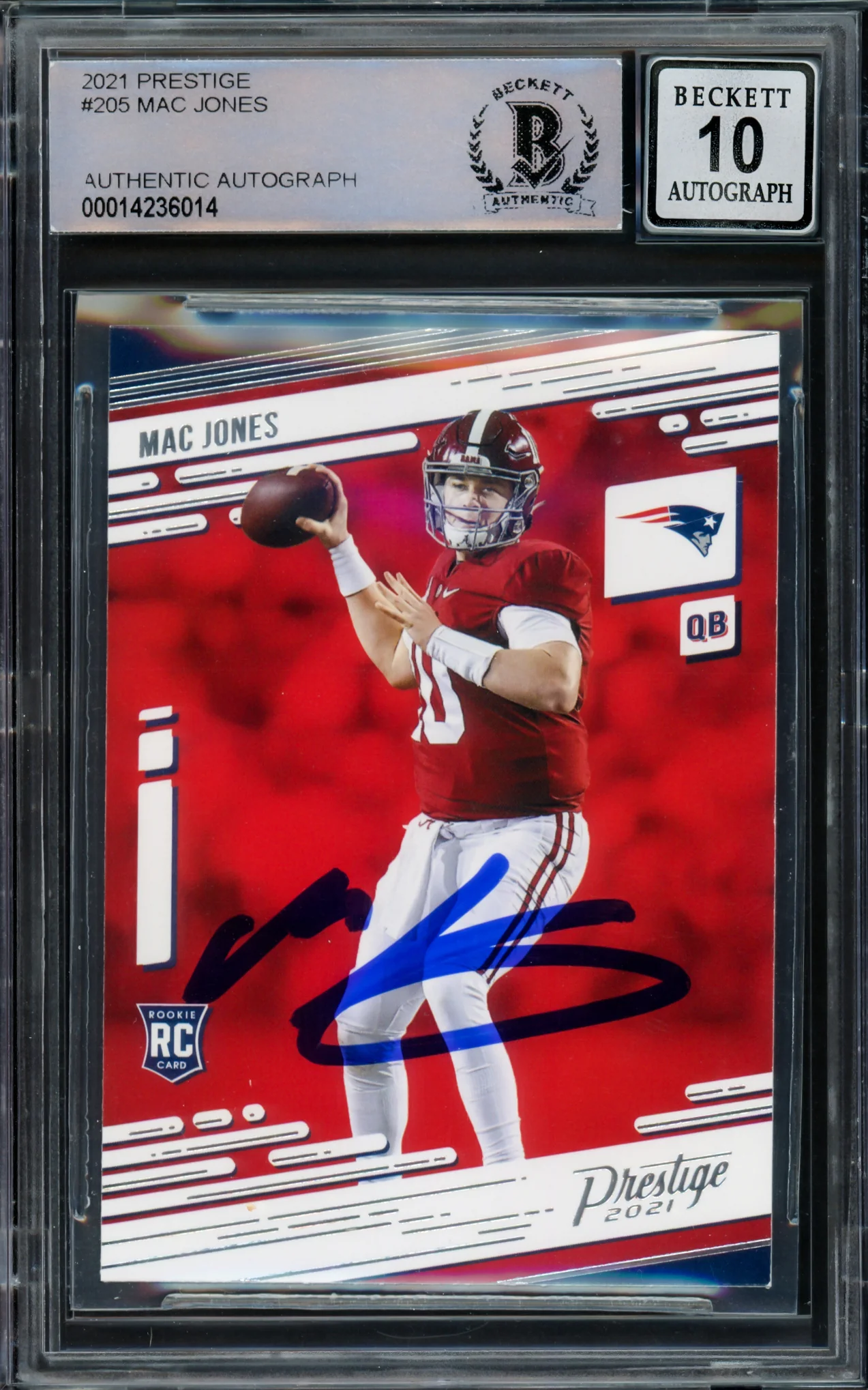 Mac Jones Autographed 2021 Panini Prestige Rookie Card #205 New England Patriots Auto Grade Gem Mint 10 Beckett BAS Stock #220339