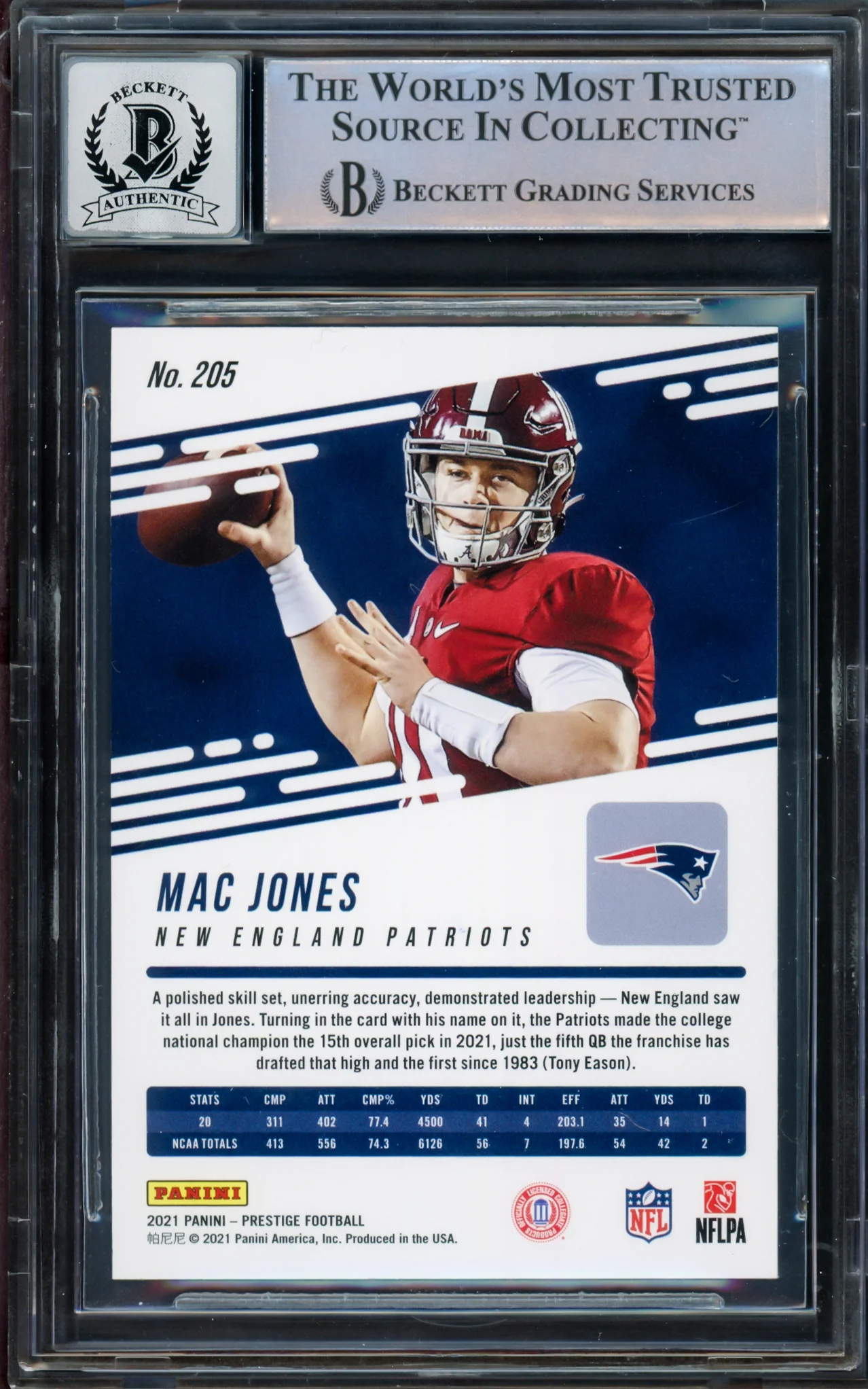 Mac Jones Autographed 2021 Panini Prestige Xtra Points Rookie Card #205 New England Patriots Auto Grade Gem Mint 10 Beckett BAS #14236019 - Image 2
