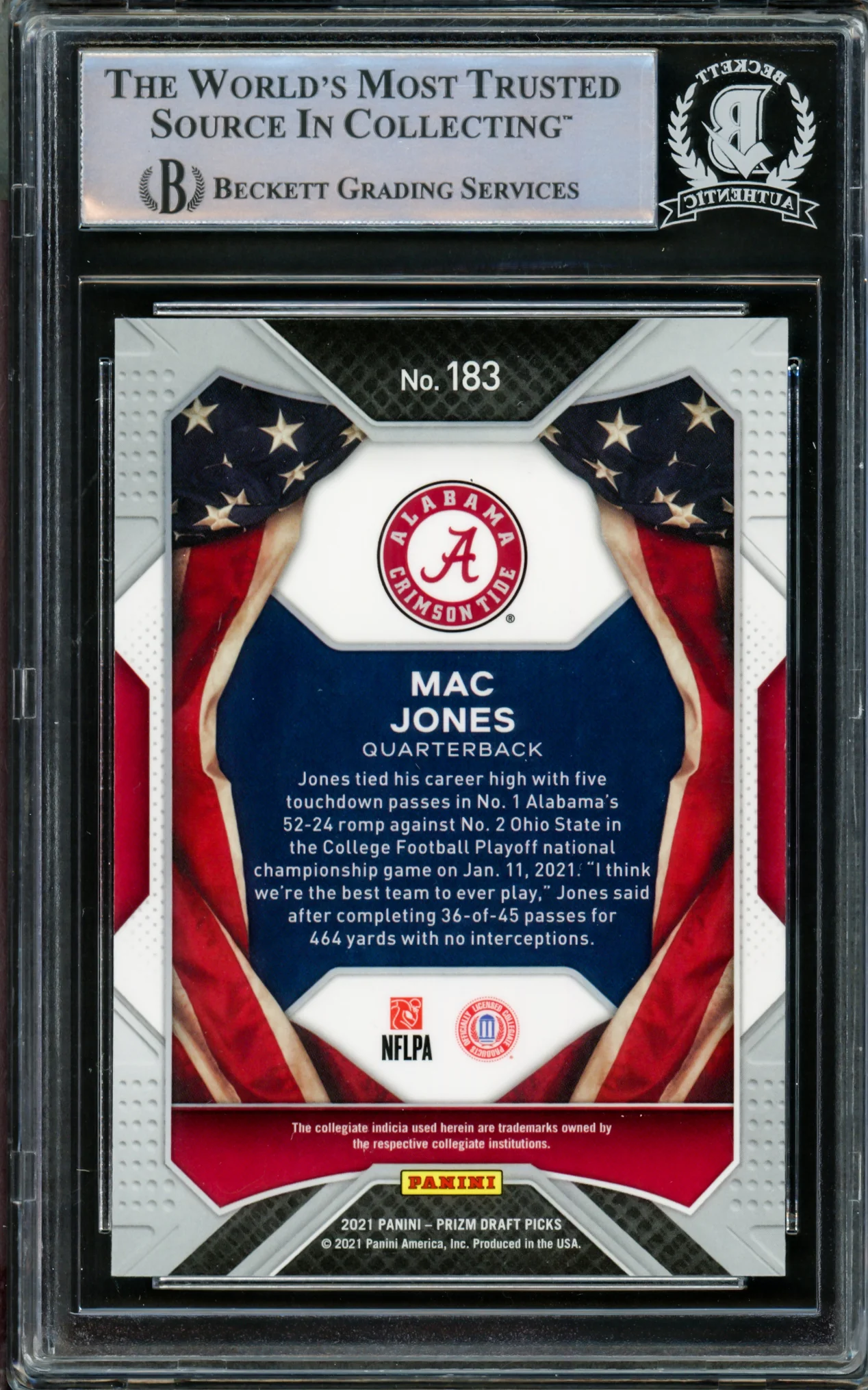 Mac Jones Autographed 2021 Panini Prizm Draft Picks All Americans Rookie Card #183 Alabama Crimson Tide Beckett BAS #14231886 - Image 2