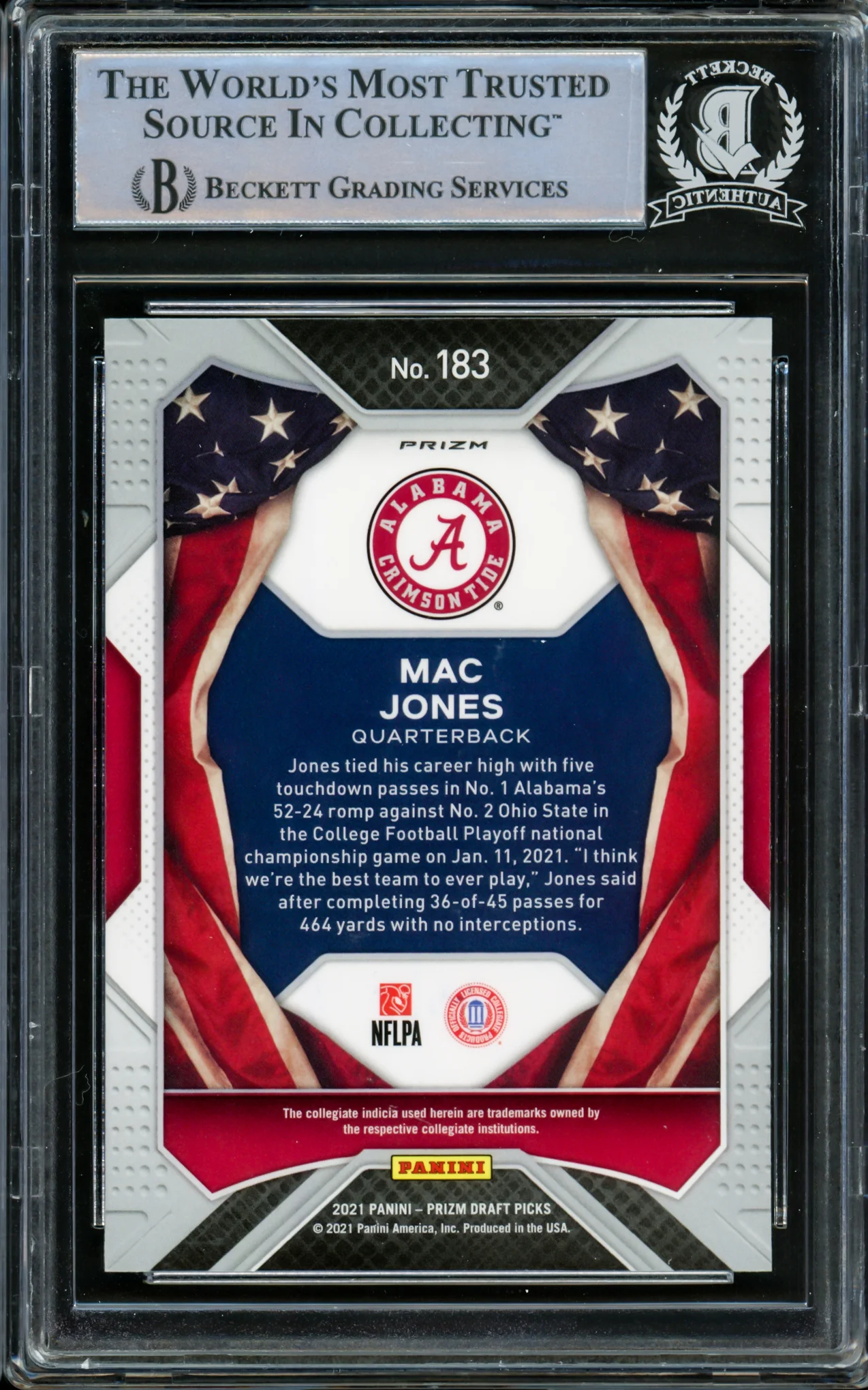 Mac Jones Autographed 2021 Panini Prizm Draft Picks Red Cracked Ice Rookie Card #183 Alabama Crimson Tide Beckett BAS #14231885 - Image 2