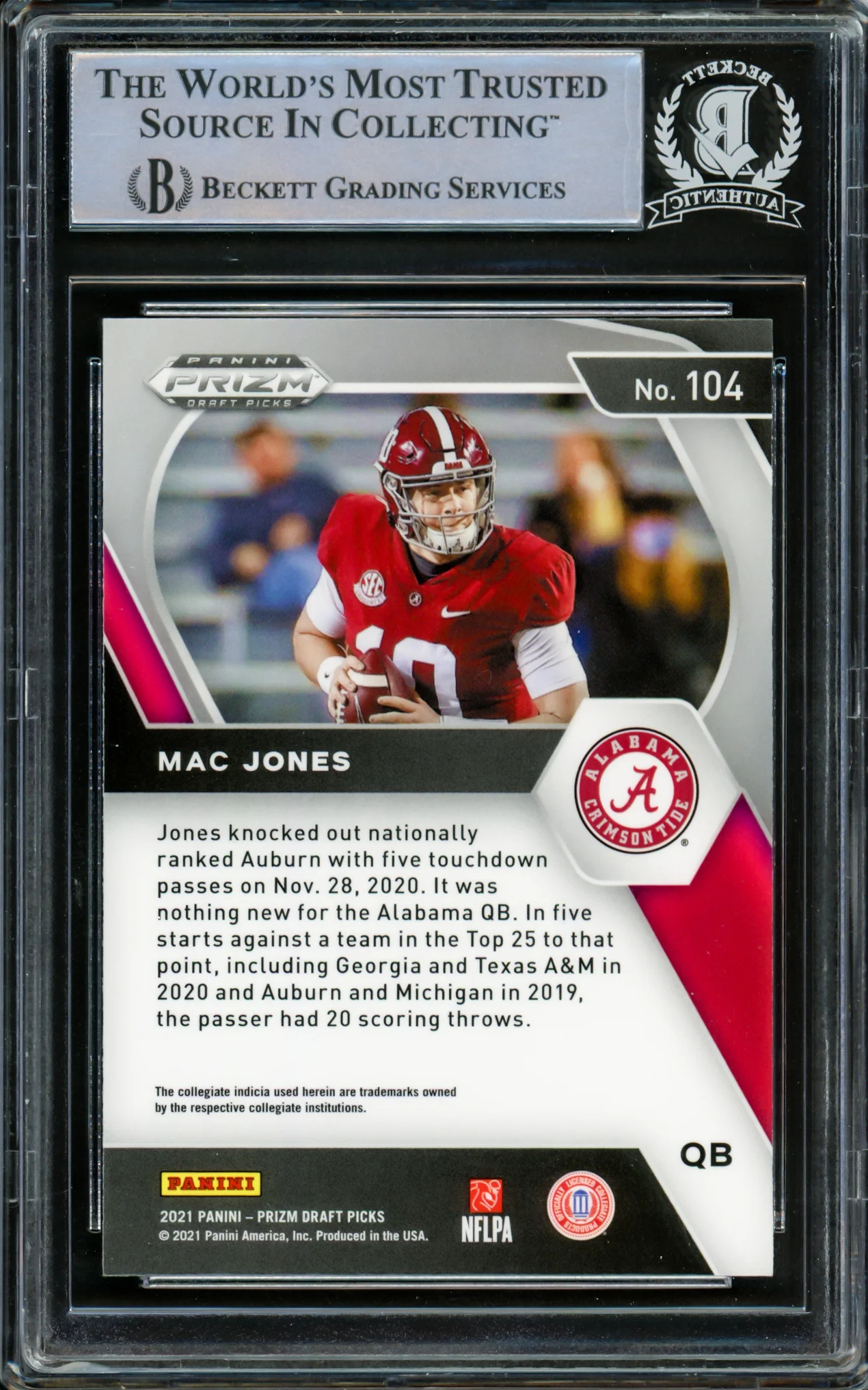 Mac Jones Autographed 2021 Panini Prizm Draft Picks Rookie Card #104 Alabama Crimson Tide Beckett BAS #14231887 - Image 2