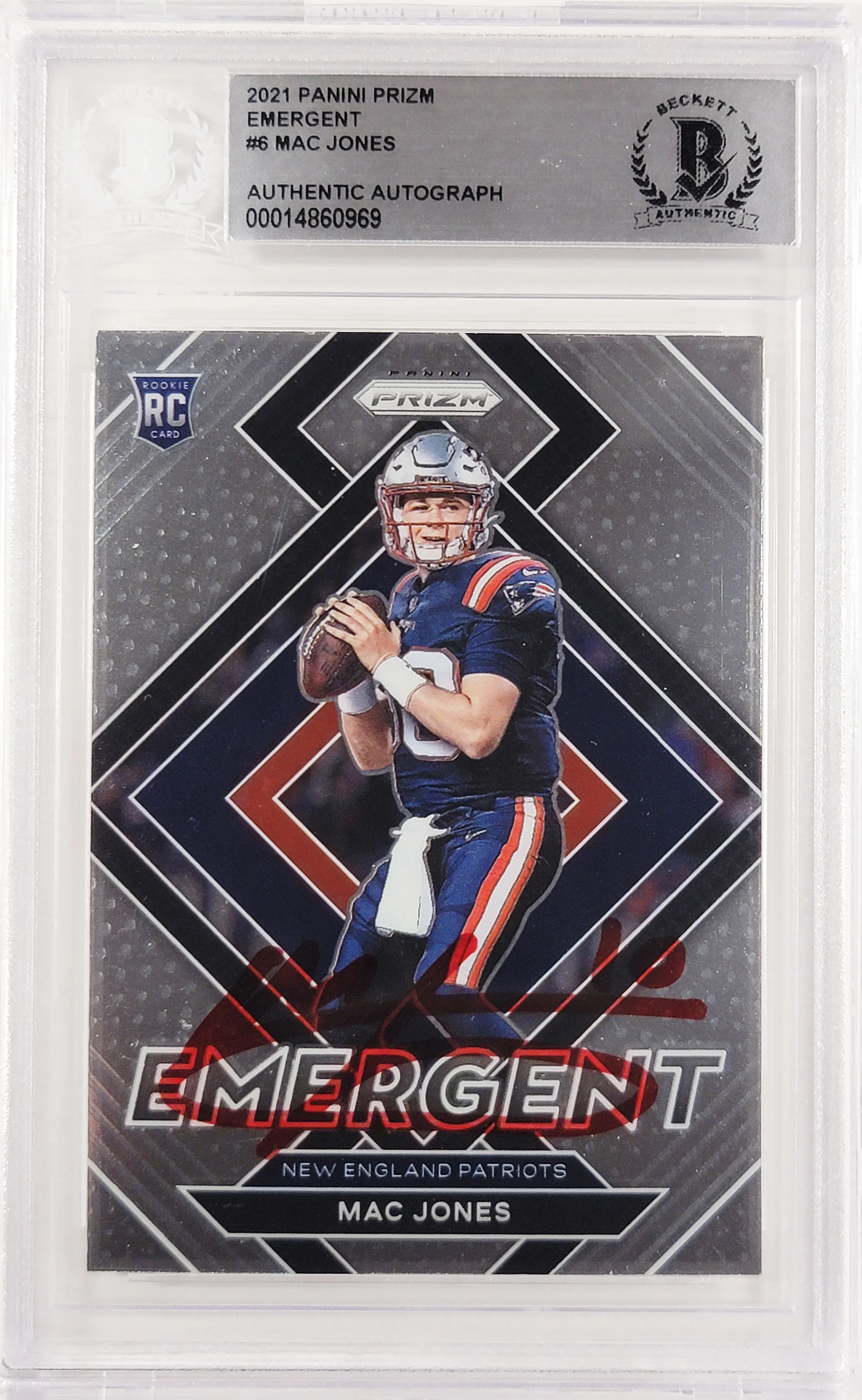 Mac Jones Autographed 2021 Panini Prizm Emergent Rookie Card #E-6 New England Patriots Beckett BAS #14860969 - Image 2