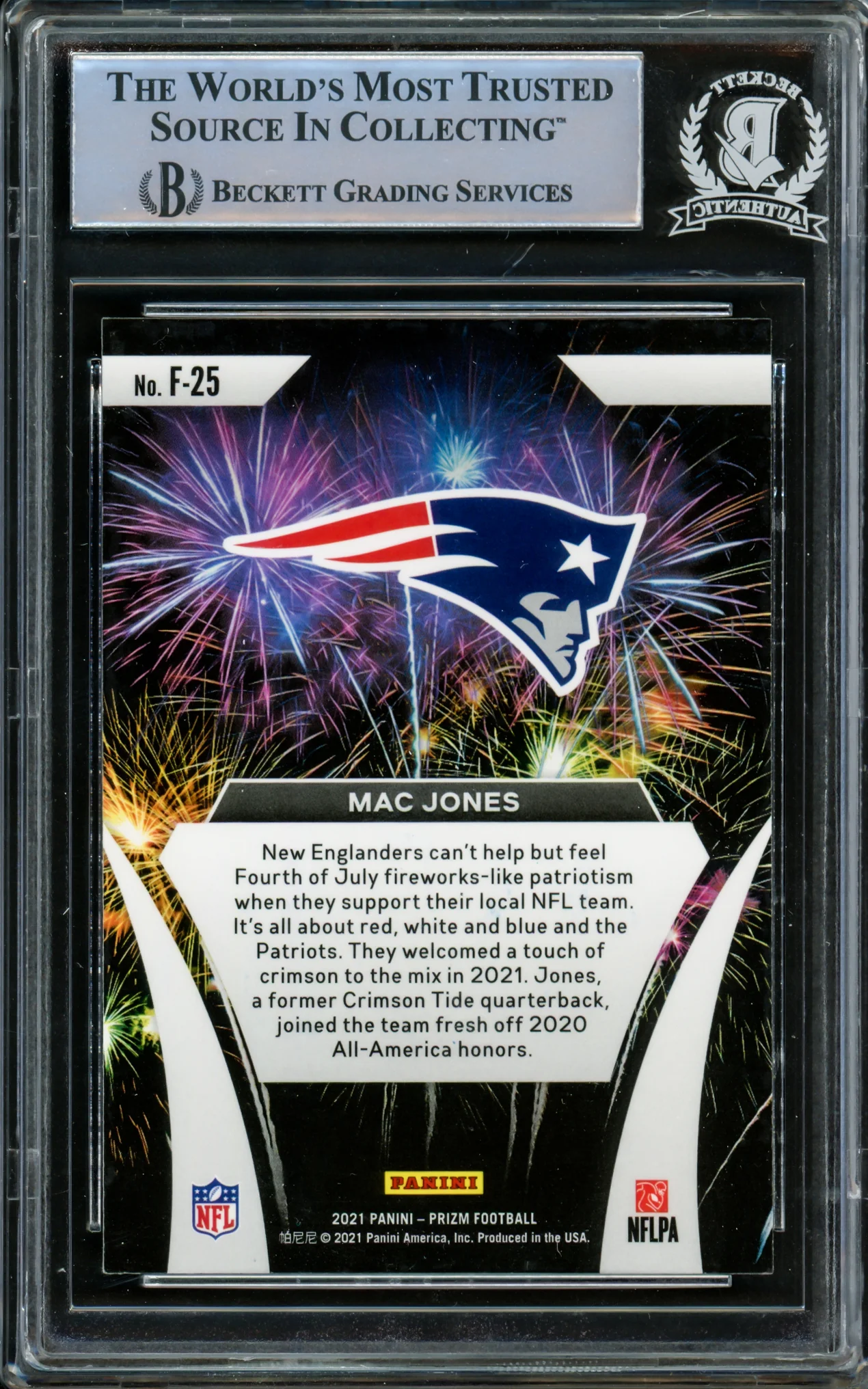 Mac Jones Autographed 2021 Panini Prizm Fireworks Rookie Card #F-25 New England Patriots Beckett BAS #14860966 - Image 2