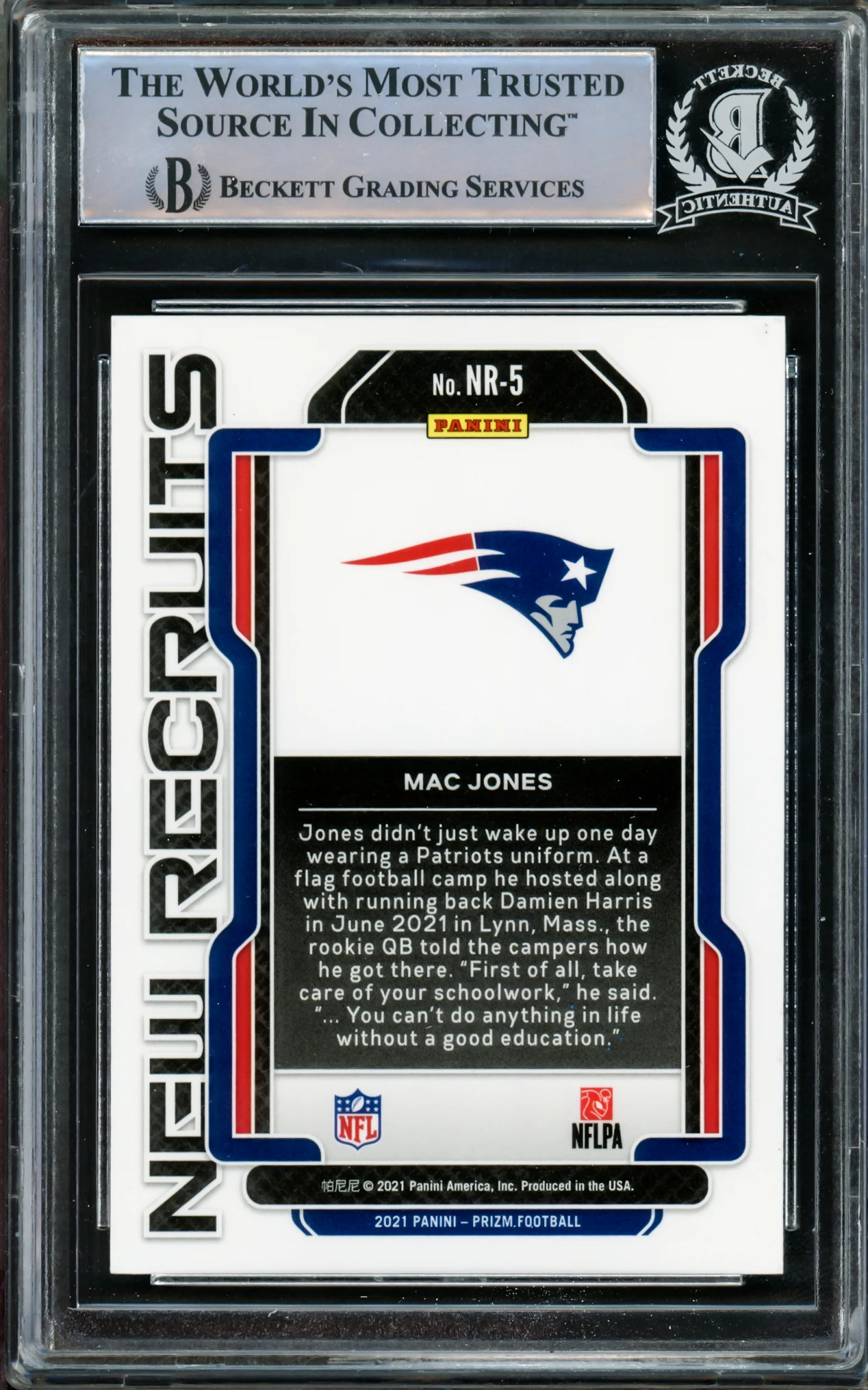 Mac Jones Autographed 2021 Panini Prizm New Recruits Rookie Card #NR-5 New England Patriots Beckett BAS #14860960 - Image 4
