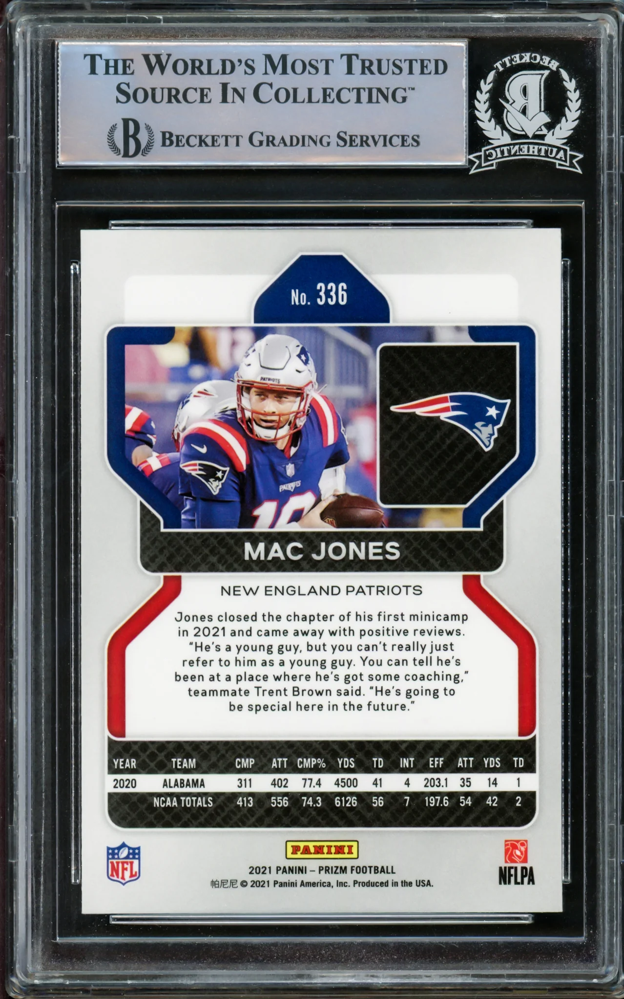 Mac Jones Autographed 2021 Panini Prizm Rookie Card #336 New England Patriots Beckett BAS Stock #210487 - Image 2