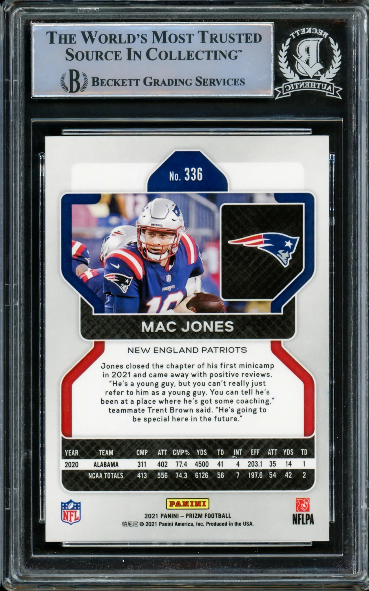 Mac Jones Autographed 2021 Panini Prizm Rookie Card #336 New England Patriots Beckett BAS Stock #210488 - Image 2