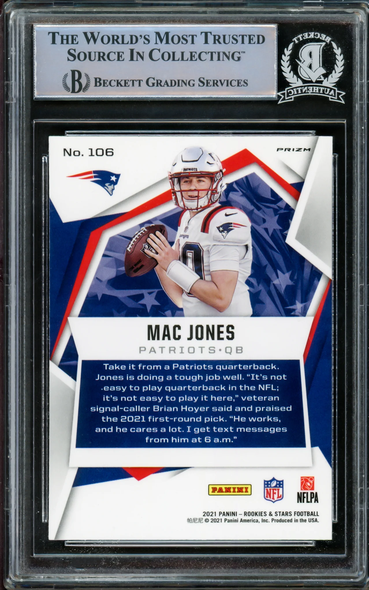 Mac Jones Autographed 2021 Panini Rookie & Stars Silver Pulsar Prizm Rookie Card #106 New England Patriots Beckett BAS Stock #210491 - Image 2
