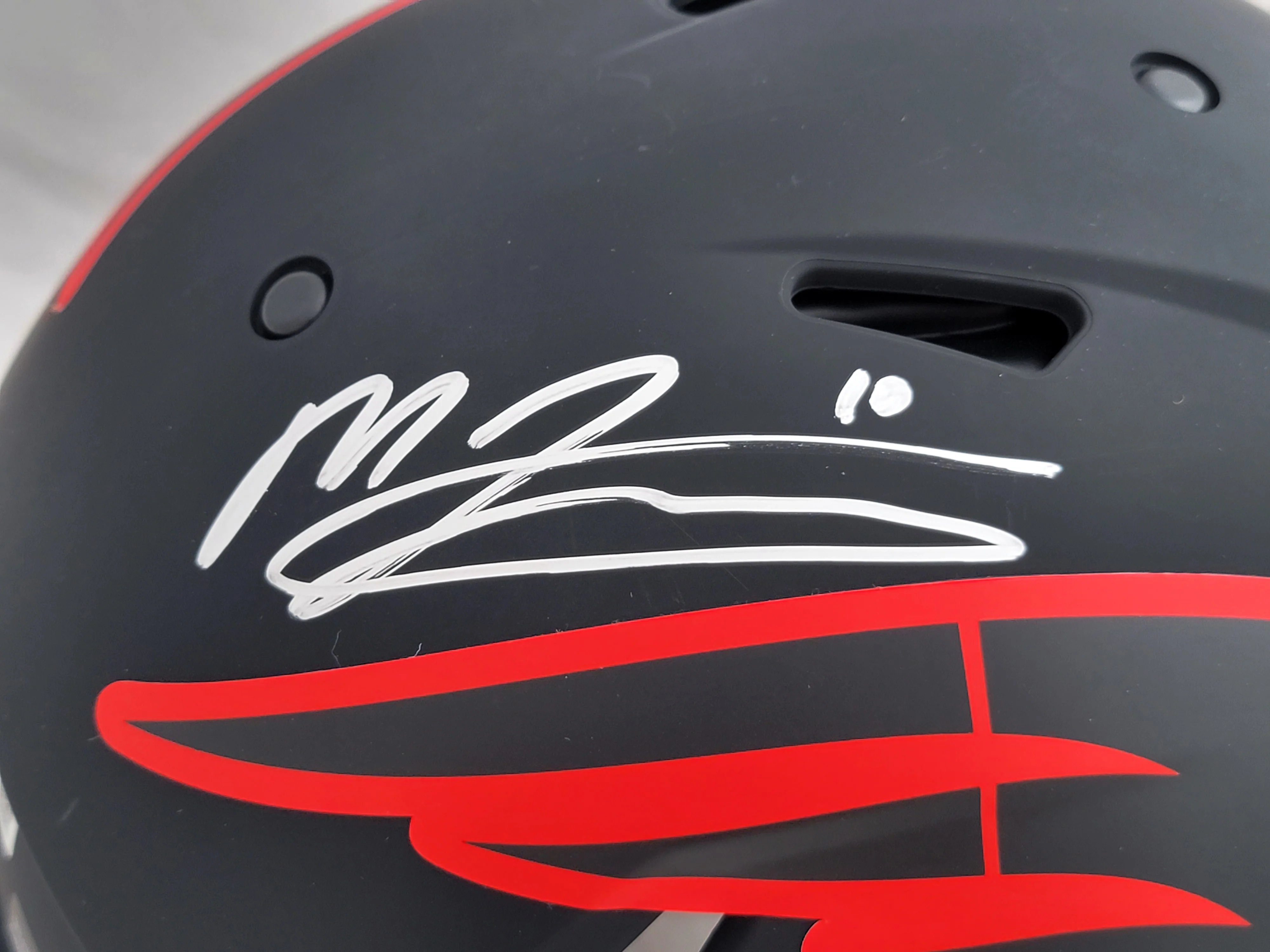 Mac Jones Autographed New England Patriots Eclipse Black Full Size Authentic Speed Helmet Beckett BAS Witness Stock #206517 - Image 2