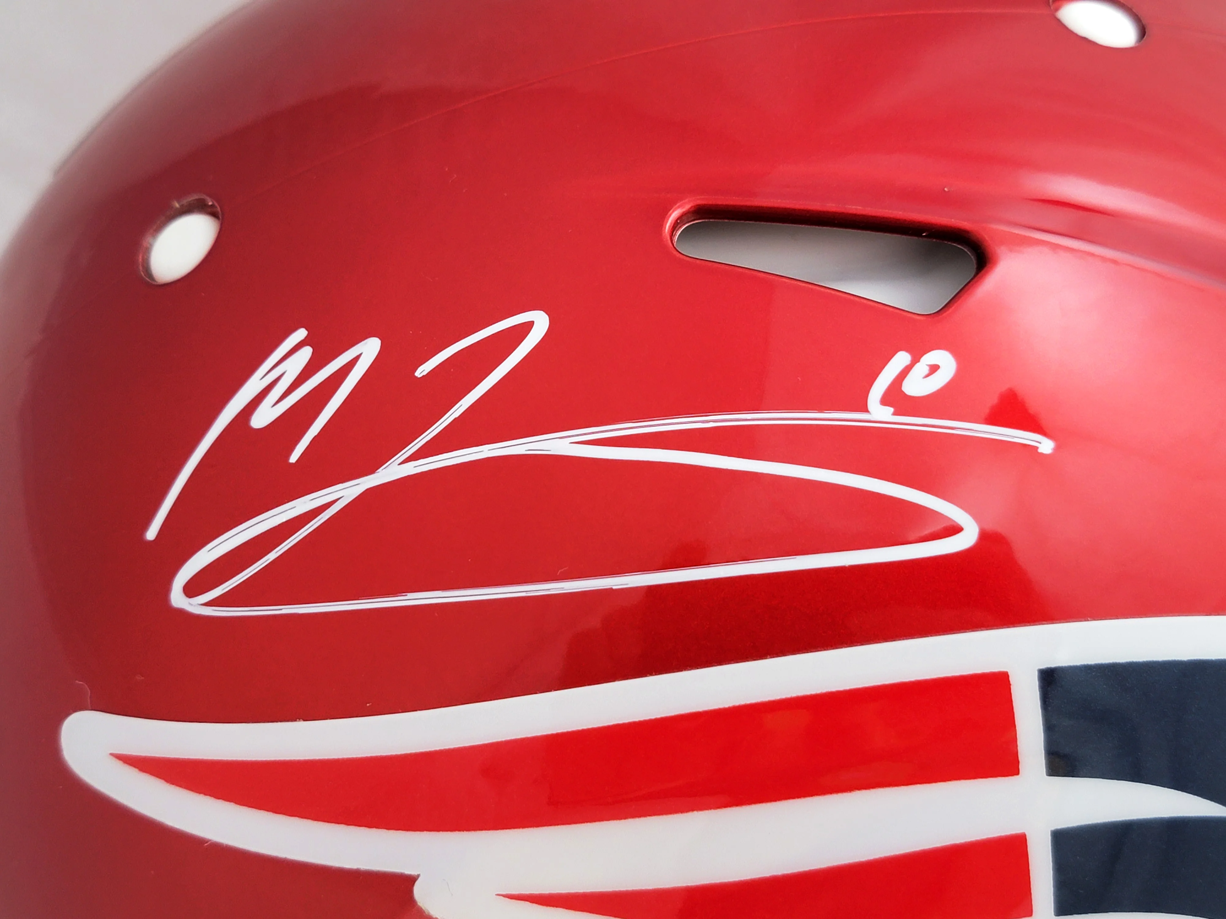 Mac Jones Autographed New England Patriots Flash Red Full Size Authentic Speed Helmet Beckett BAS Witness Stock #206518 - Image 2