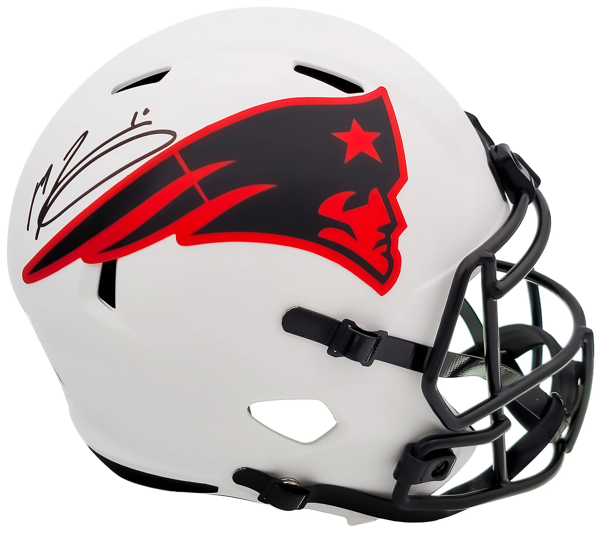 Mac Jones Autographed New England Patriots Lunar Eclipse White Full Size Replica Speed Helmet Beckett BAS QR Stock #202966