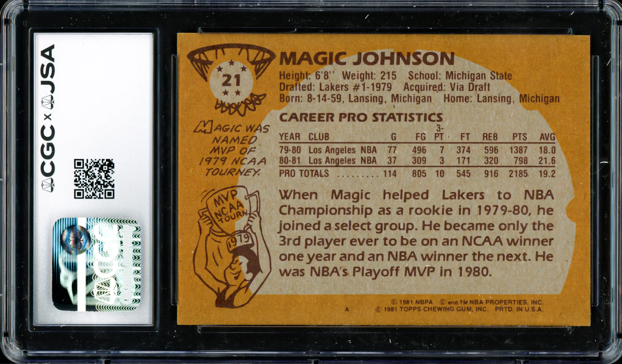Magic Johnson Autographed 1981-82 Topps Card #21 Los Angeles Lakers Auto Grade Gem Mint 10 CGC x JSA #6131791004 - Image 2