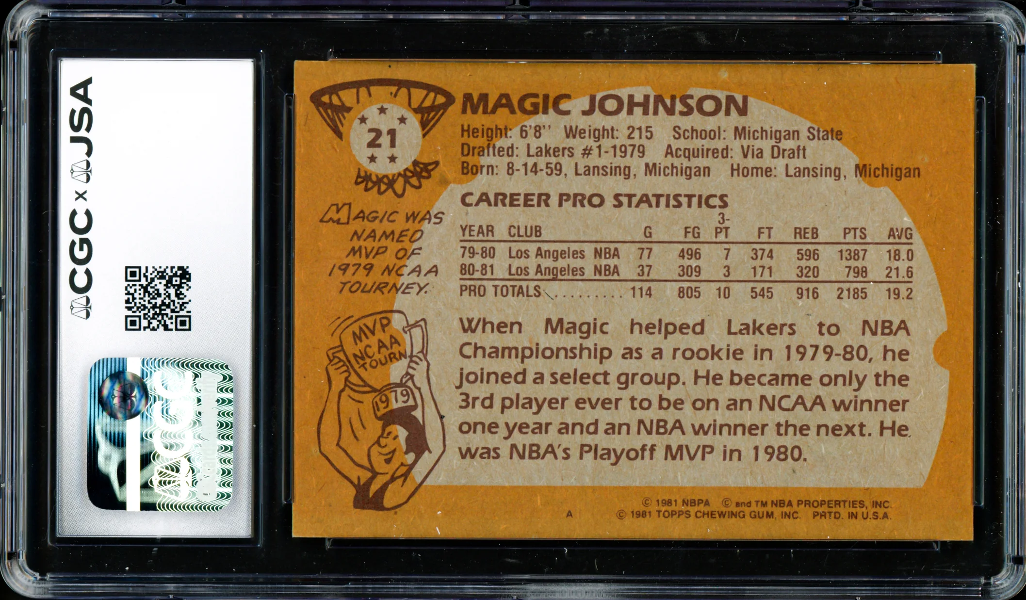 Magic Johnson Autographed 1981-82 Topps Card #21 Los Angeles Lakers Auto Grade Gem Mint 10 CGC x JSA #6131791013 - Image 2