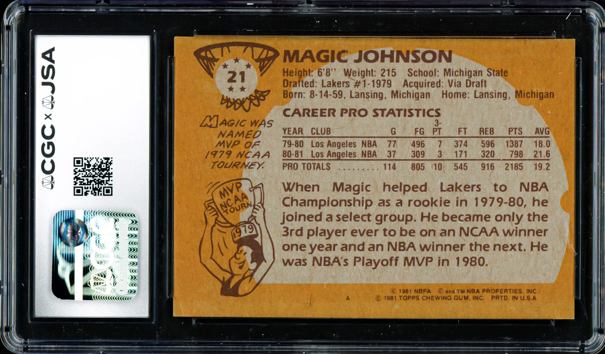 Magic Johnson Autographed 1981-82 Topps Card #21 Los Angeles Lakers Auto Grade Gem Mint 10 (Off-Center) CGC x JSA #6131791014 - Image 2