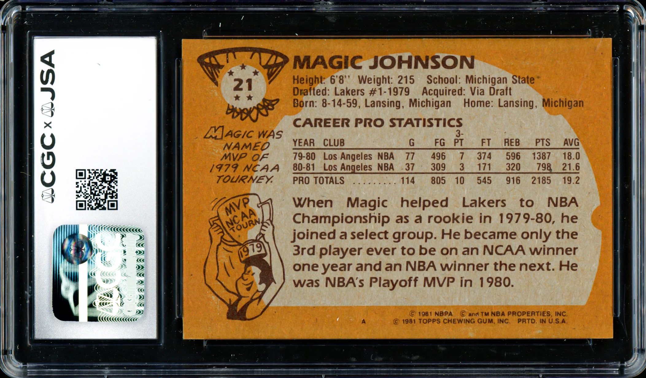 Magic Johnson Autographed 1981-82 Topps Card #21 Los Angeles Lakers Auto Grade Gem Mint 10 (Off-Center) CGC x JSA #6131791019 - Image 2