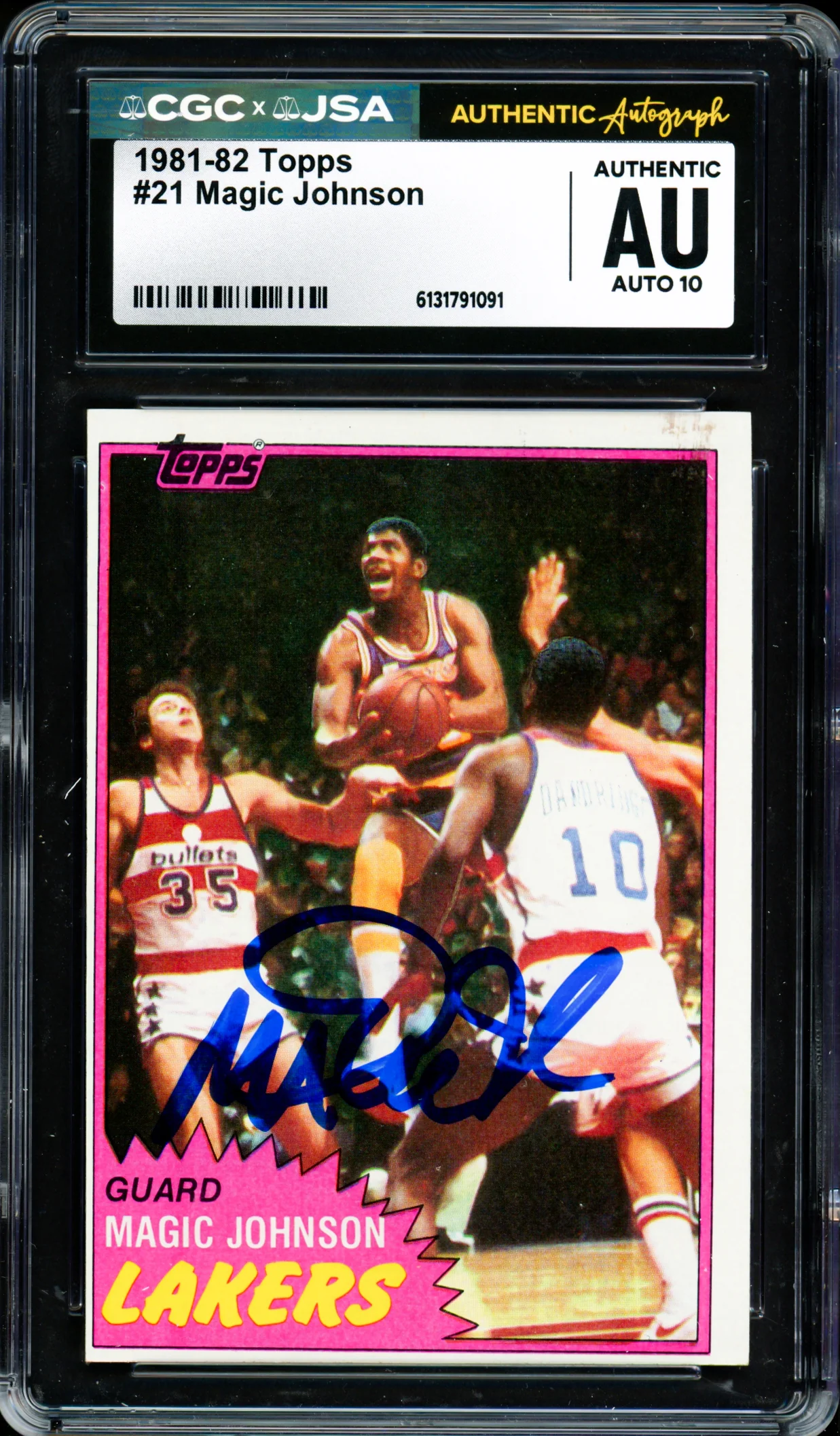 Magic Johnson Autographed 1981-82 Topps Card #21 Los Angeles Lakers Auto Grade Gem Mint 10 (Off-Center) CGC x JSA #6131791091