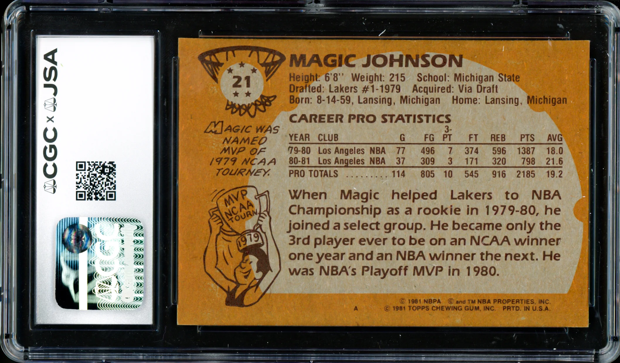 Magic Johnson Autographed 1981-82 Topps Card #21 Los Angeles Lakers Auto Grade Gem Mint 10 (Off-Center) CGC x JSA #6131791091 - Image 2
