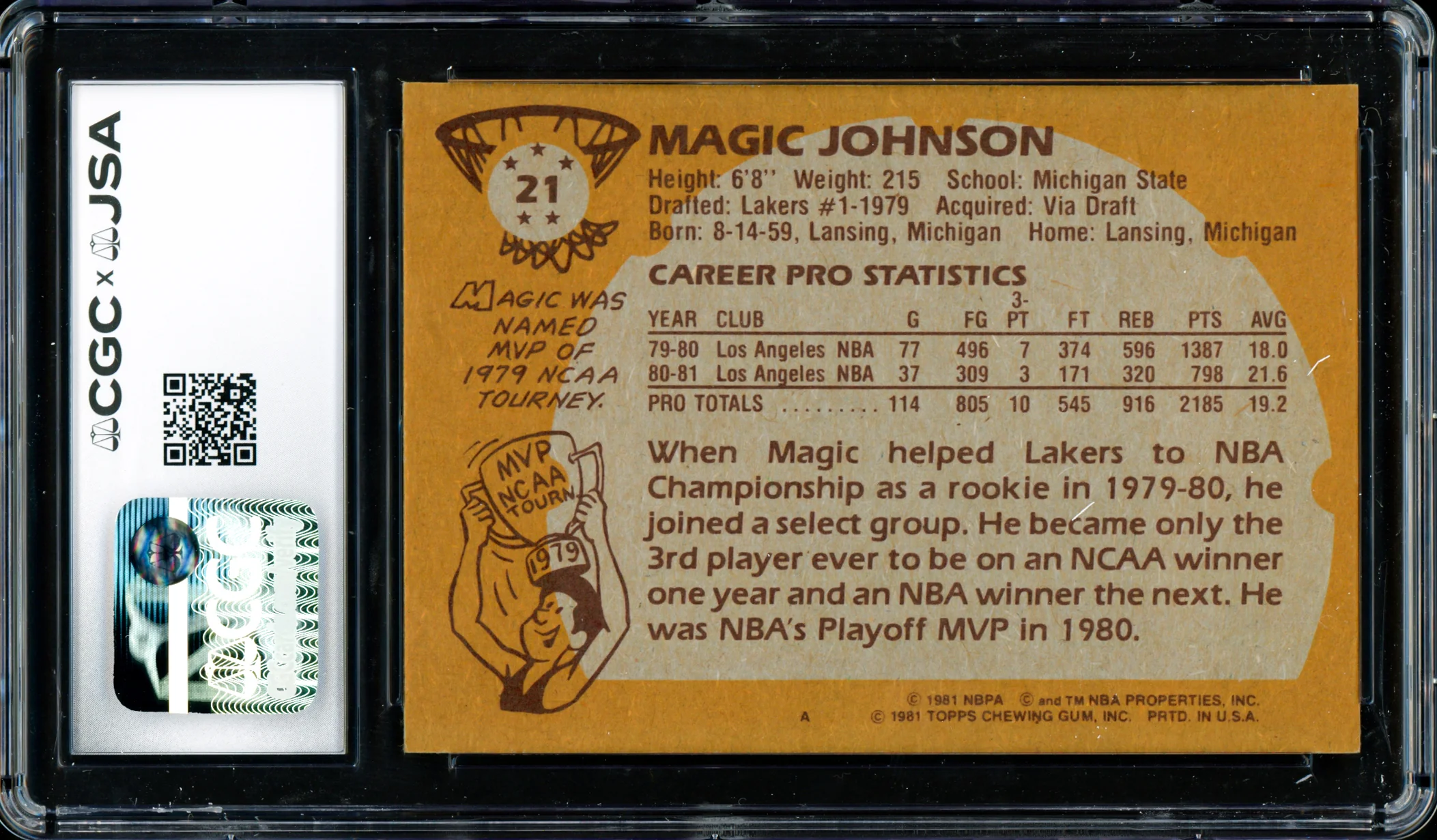 Magic Johnson Autographed 1981-82 Topps Card #21 Los Angeles Lakers CGC x JSA #6131791080 - Image 2