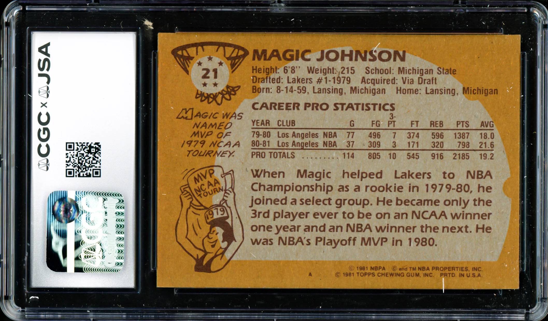 Magic Johnson Autographed 1981-82 Topps Card #21 Los Angeles Lakers CGC x JSA #6131791153 - Image 2