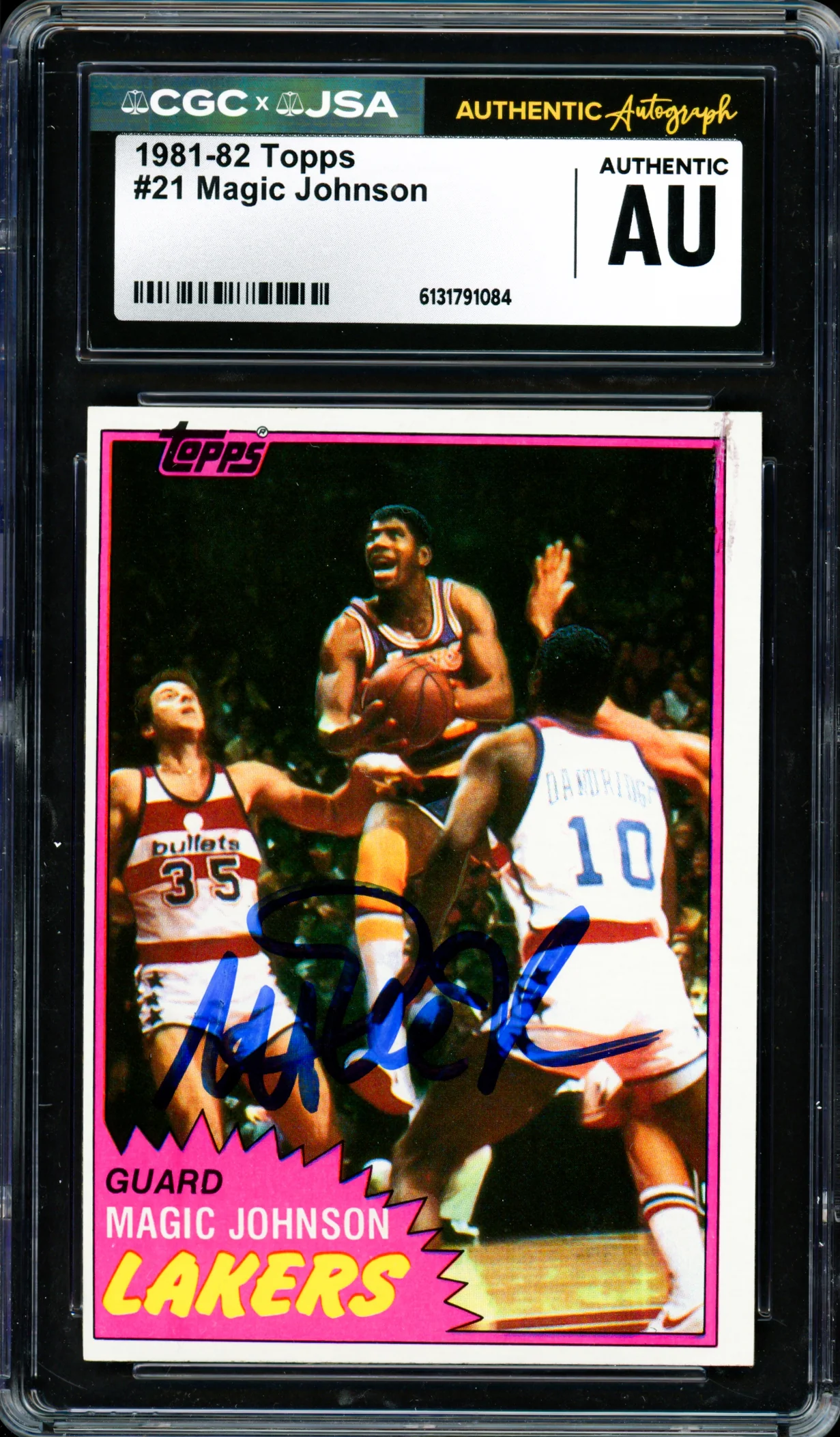 Magic Johnson Autographed 1981-82 Topps Card #21 Los Angeles Lakers (Off-Center) CGC x JSA #6131791084
