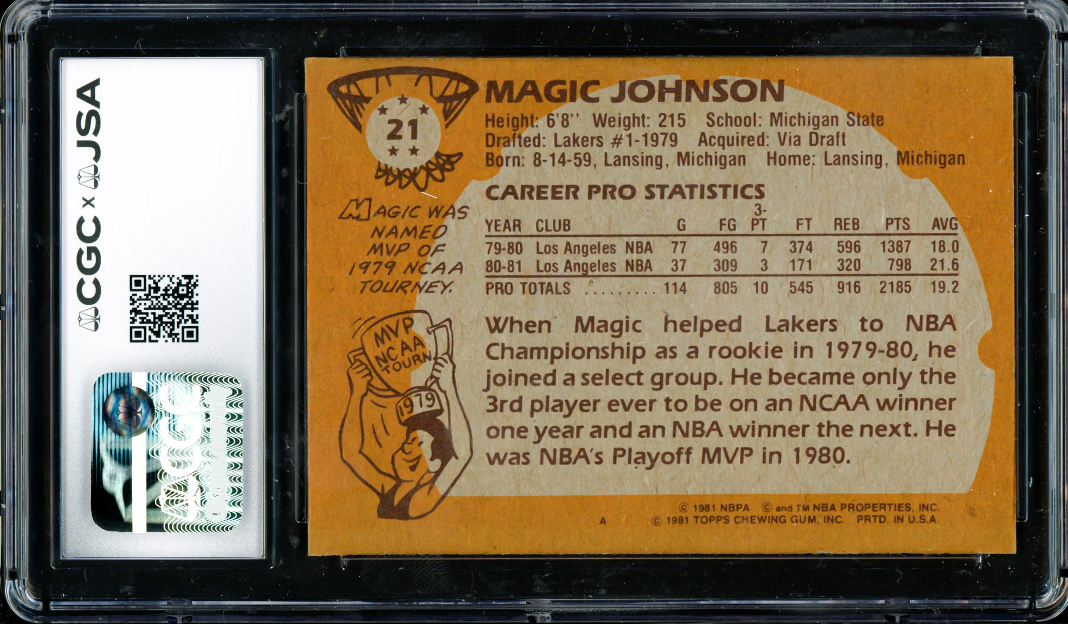 Magic Johnson Autographed 1981-82 Topps Card #21 Los Angeles Lakers (Off-Center) (Smudged) CGC x JSA #6131791104 - Image 2