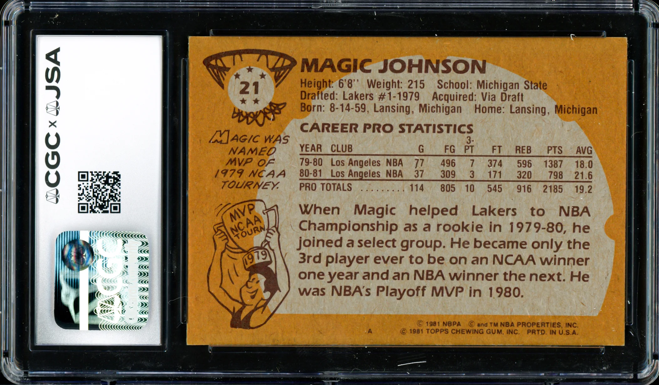 Magic Johnson Autographed 1981-82 Topps Card #21 Los Angeles Lakers (Smudged) CGC x JSA #6131791101 - Image 2