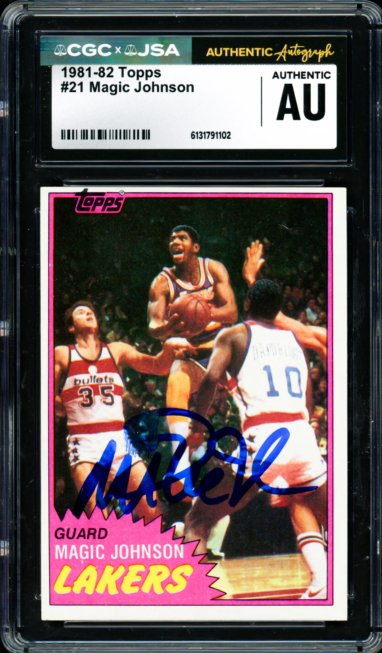 Magic Johnson Autographed 1981-82 Topps Card #21 Los Angeles Lakers (Smudged) CGC x JSA #6131791102