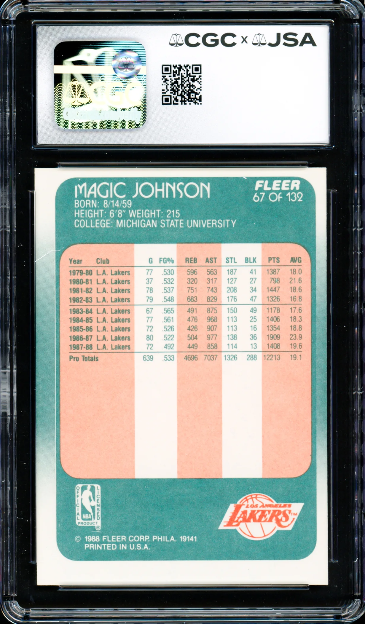 Magic Johnson Autographed 1988-89 Fleer Card #67 Los Angeles Lakers Auto Grade Gem Mint 10 CGC x JSA #6131791182 - Image 2