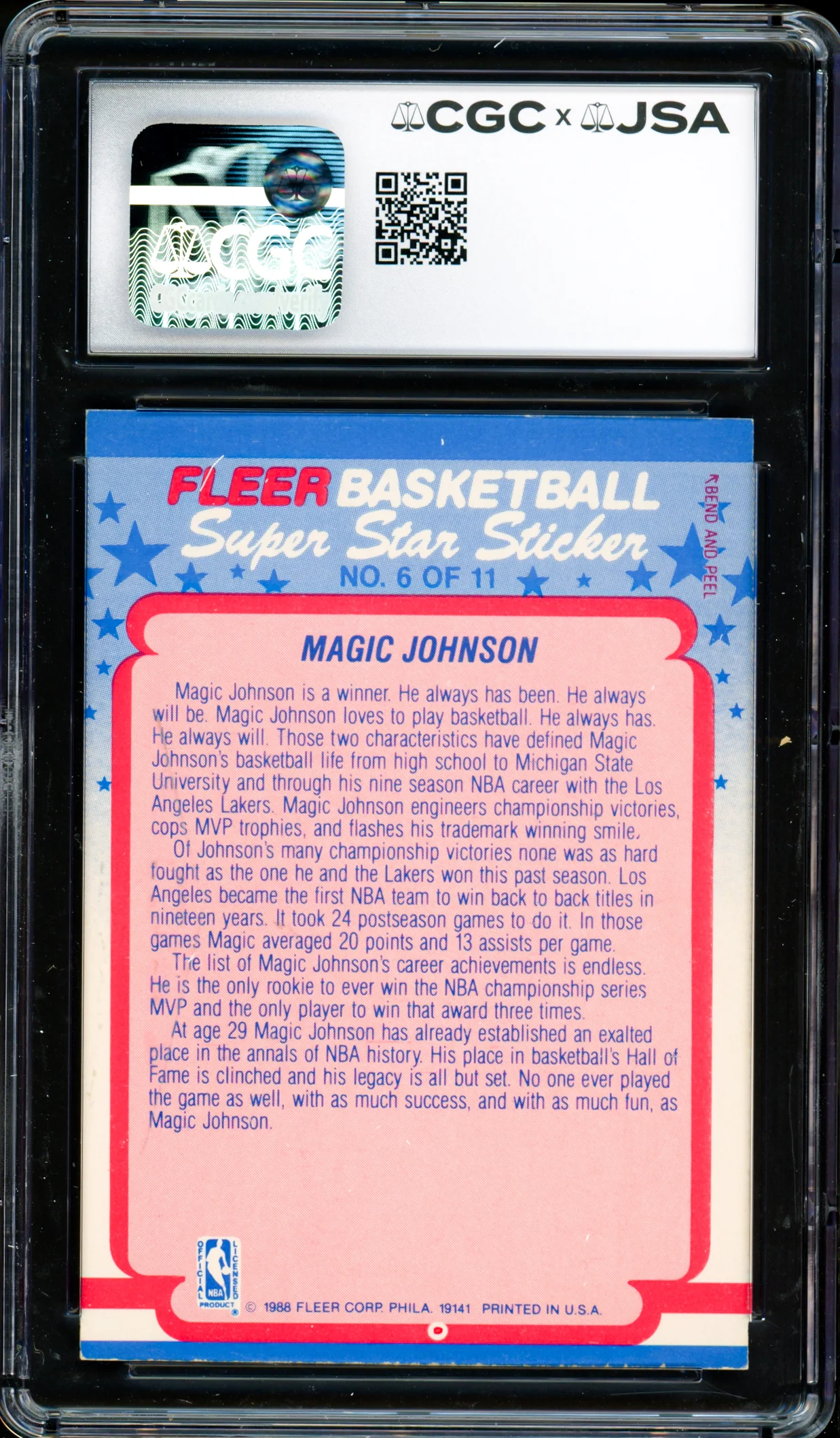 Magic Johnson Autographed 1988-89 Fleer Sticker Card #6 Los Angeles Lakers Auto Grade Gem Mint 10 CGC x JSA #6131791184 - Image 2
