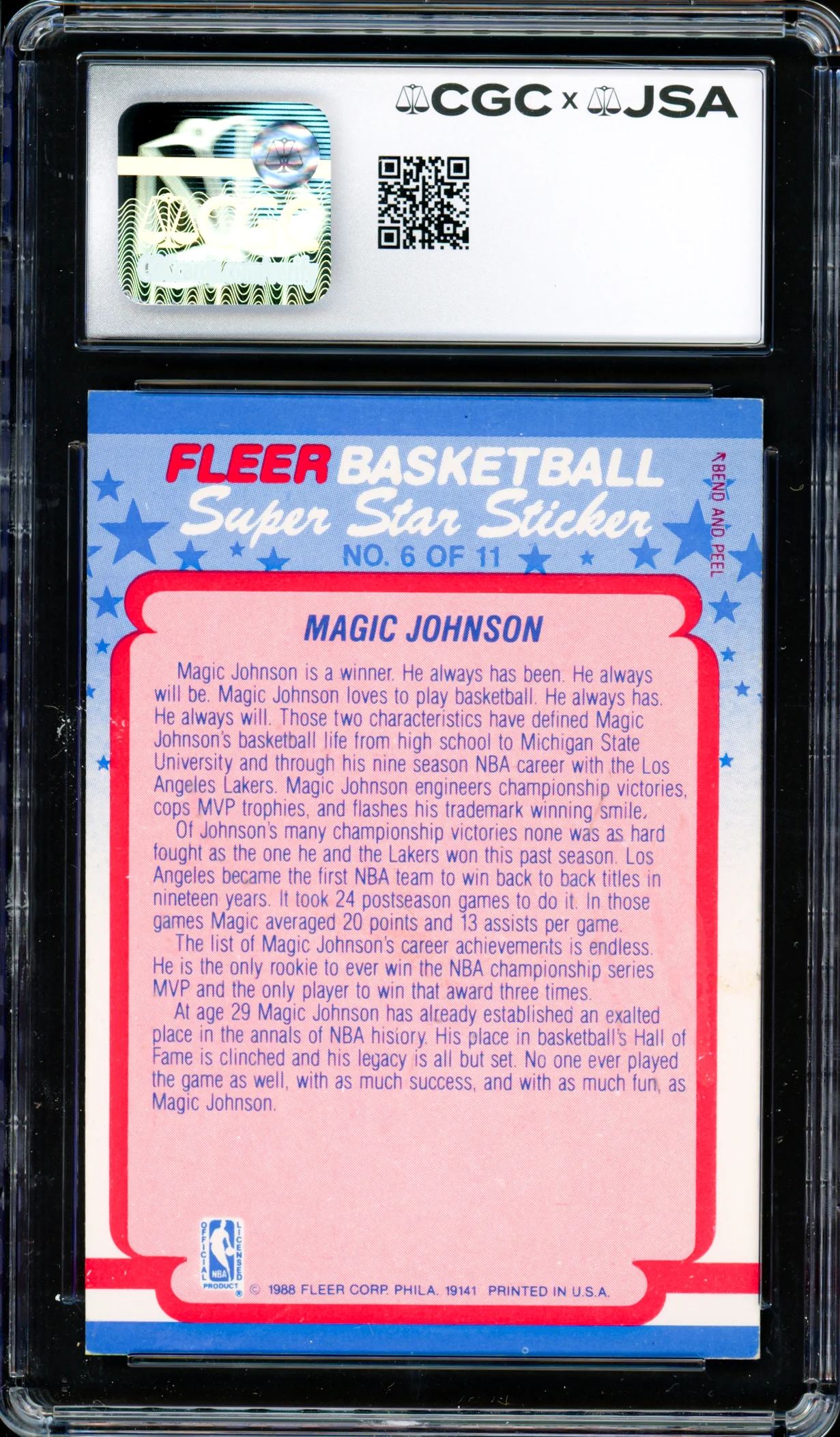 Magic Johnson Autographed 1988-89 Fleer Sticker Card #6 Los Angeles Lakers Auto Grade Gem Mint 10 CGC x JSA #6131791185 - Image 2