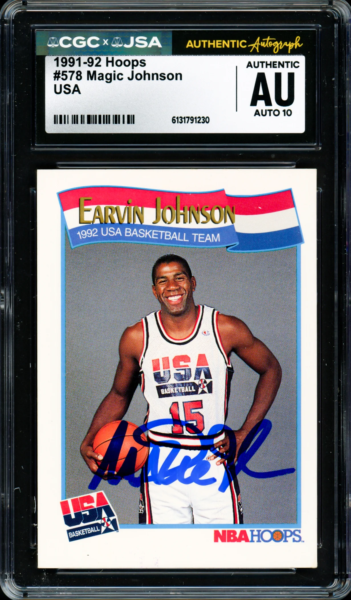 Magic Johnson Autographed 1991-92 Hoops Card #578 Team USA Auto Grade Gem Mint 10 CGC x JSA #6131791230