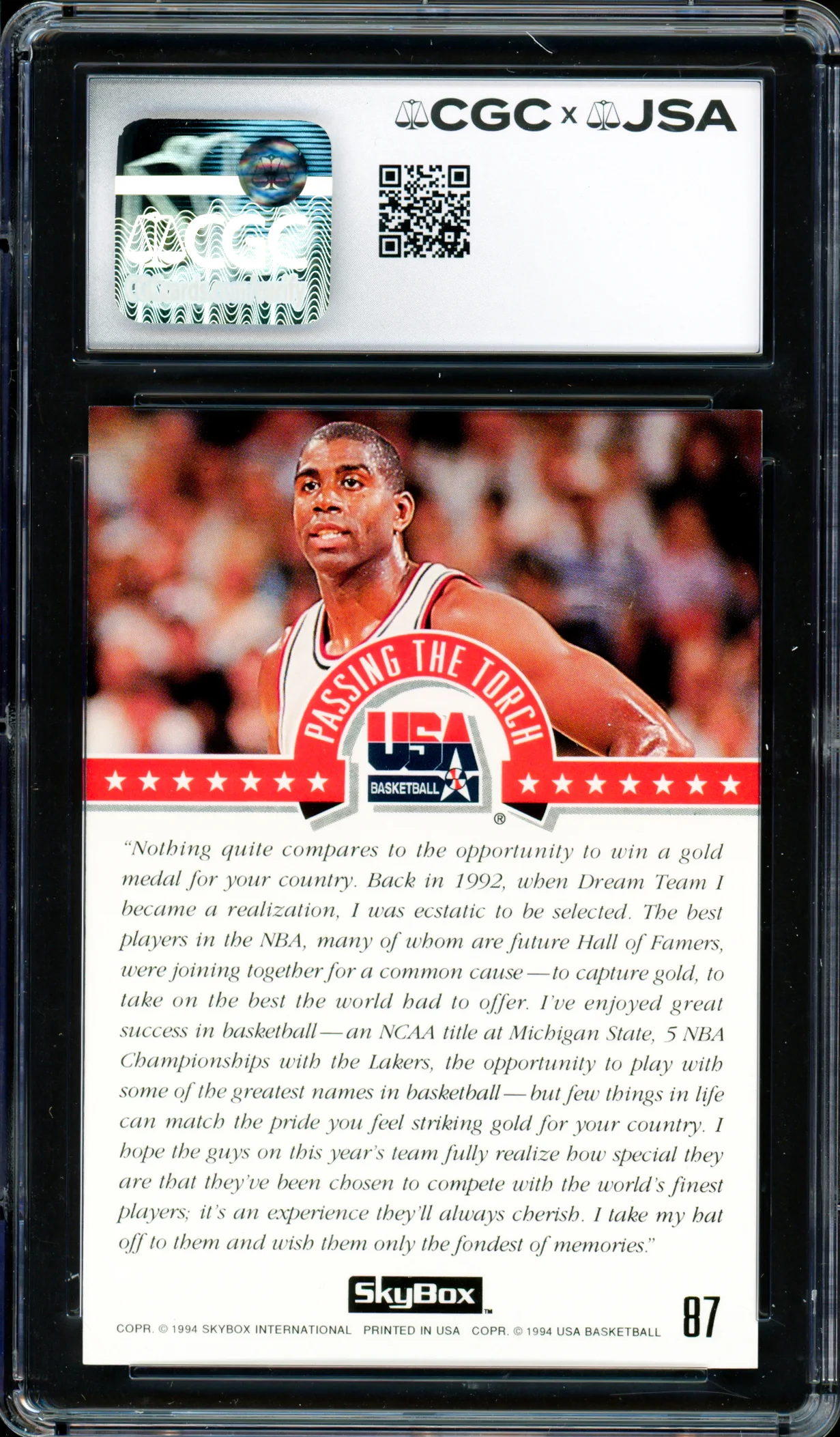 Magic Johnson Autographed 1994 Skybox USA Card #87 Team USA CGC x JSA 9 Auto Grade Gem Mint 10 CGC x JSA #6131791214 - Image 2