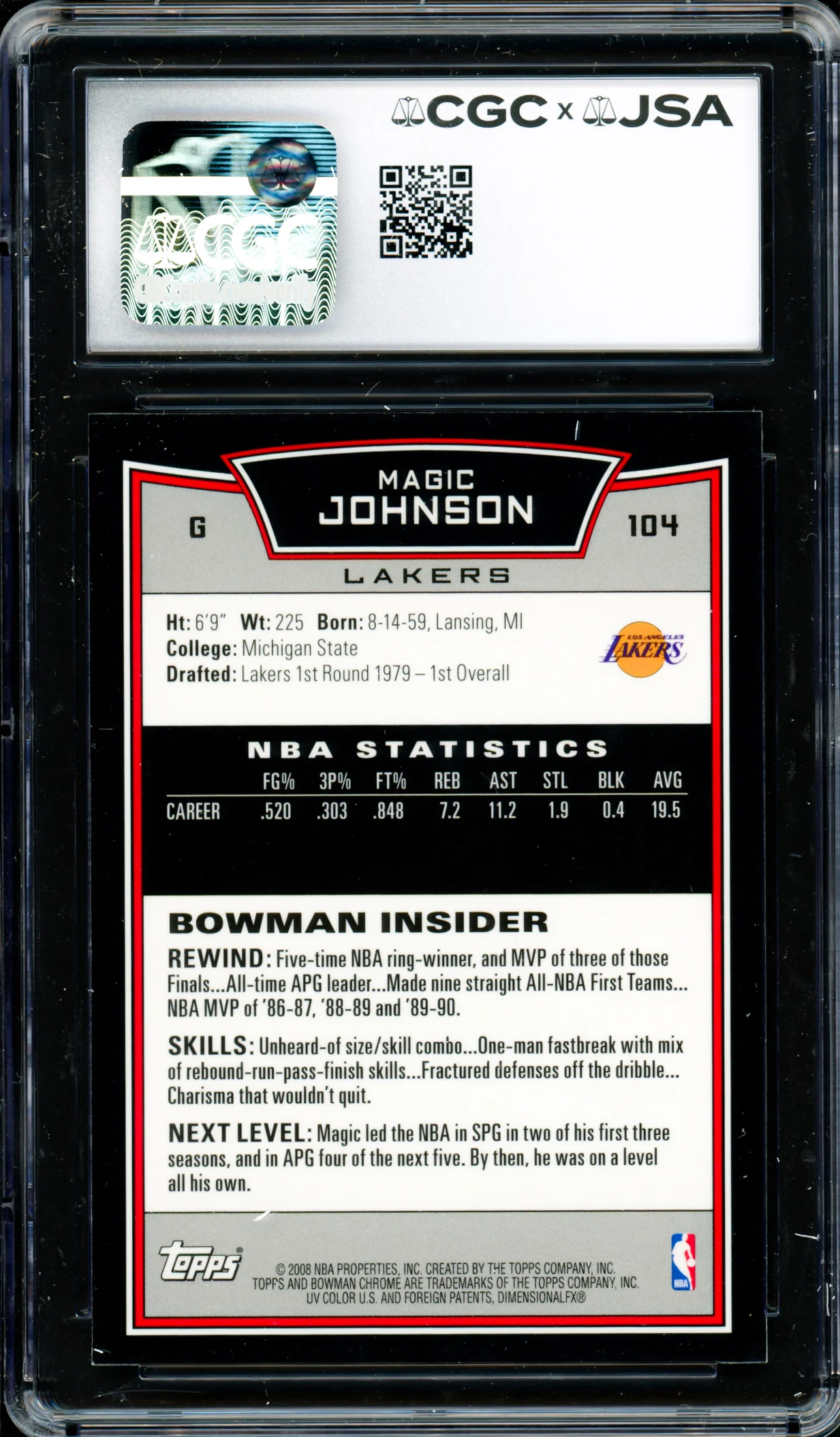 Magic Johnson Autographed 2008-09 Bowman Chrome Card #104 Los Angeles Lakers CGC x JSA 9 Auto Grade Gem Mint 10 CGC x JSA #6131791225 - Image 2