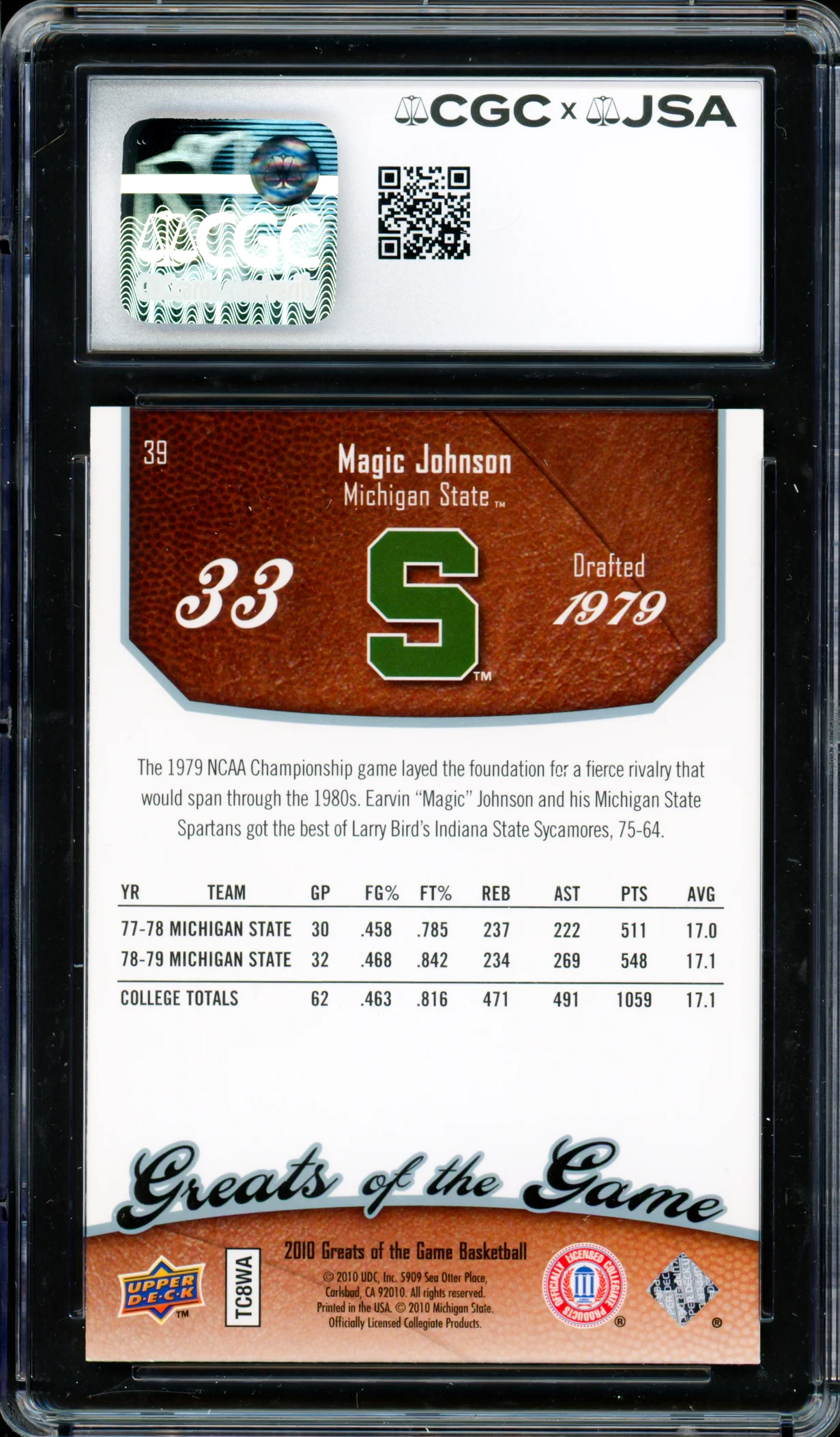 Magic Johnson Autographed 2009-10 Upper Deck Greats of the Game Card #39 Los Angeles Lakers CGC x JSA #6131791223 - Image 2